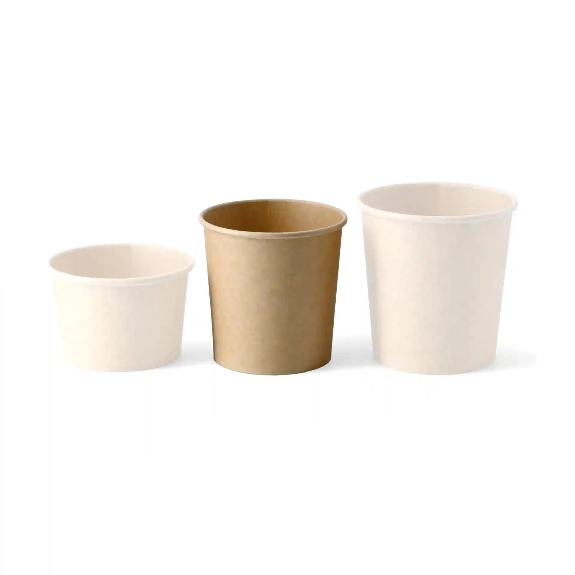 Three round paperboard takeaway soup containers in varying sizes, one brown and two white.