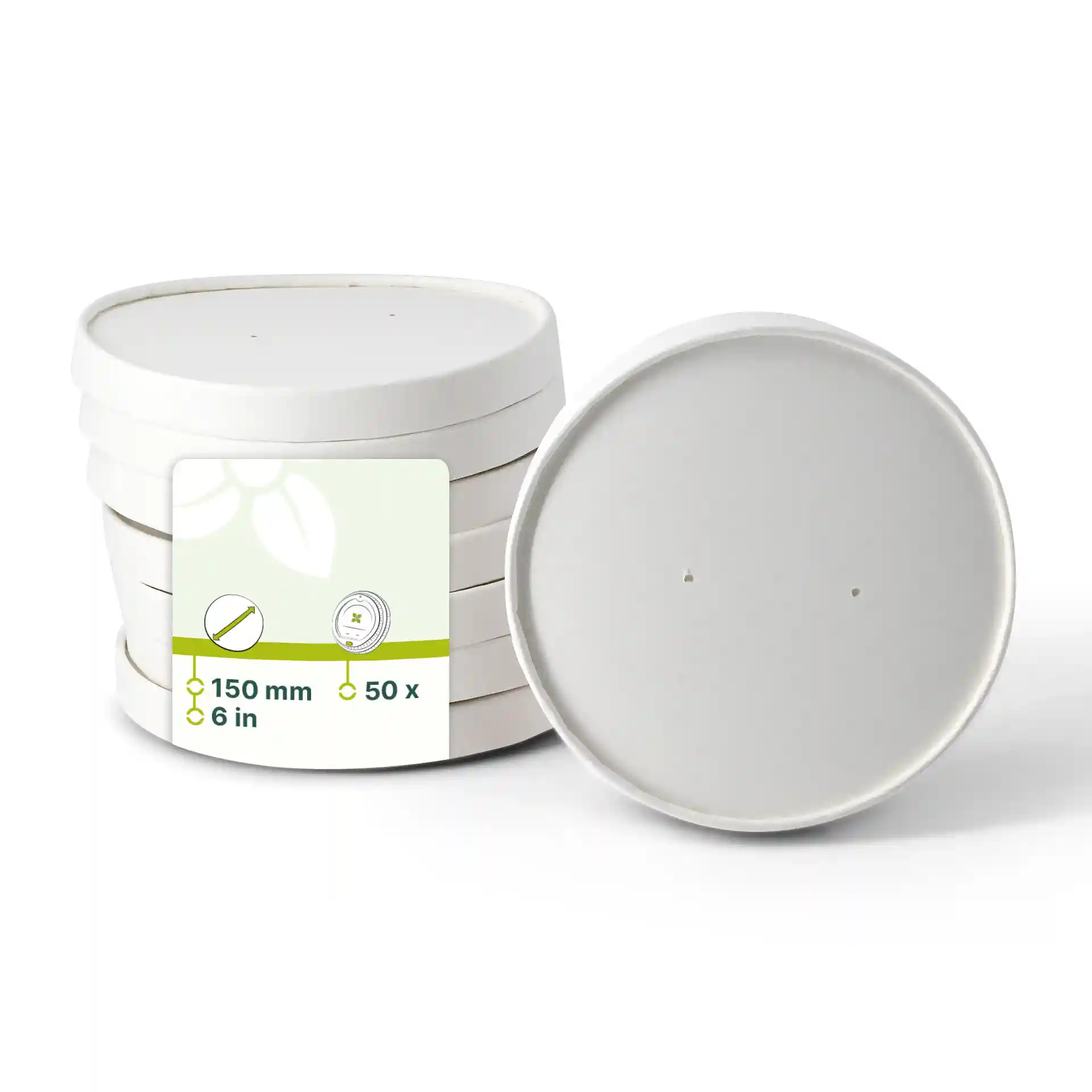 Round white cardboard membrane lids, 150 mm diameter, stacked with a label showing product details.
