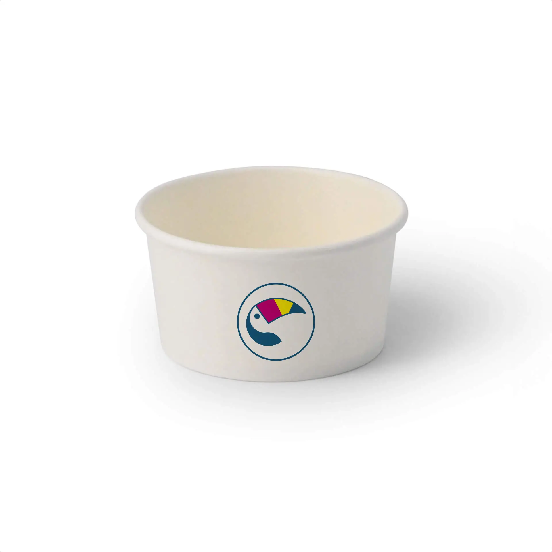 One white ice cream cup with a colorful logo; designed for 150 ml (6 oz) servings; optional secure lid available.