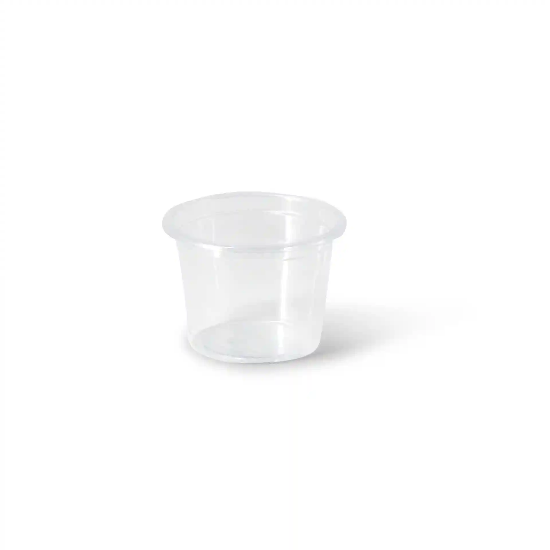 Transparenter PLA-Becher mit einem Durchmesser von 45 mm und einer Höhe von 30 mm.
