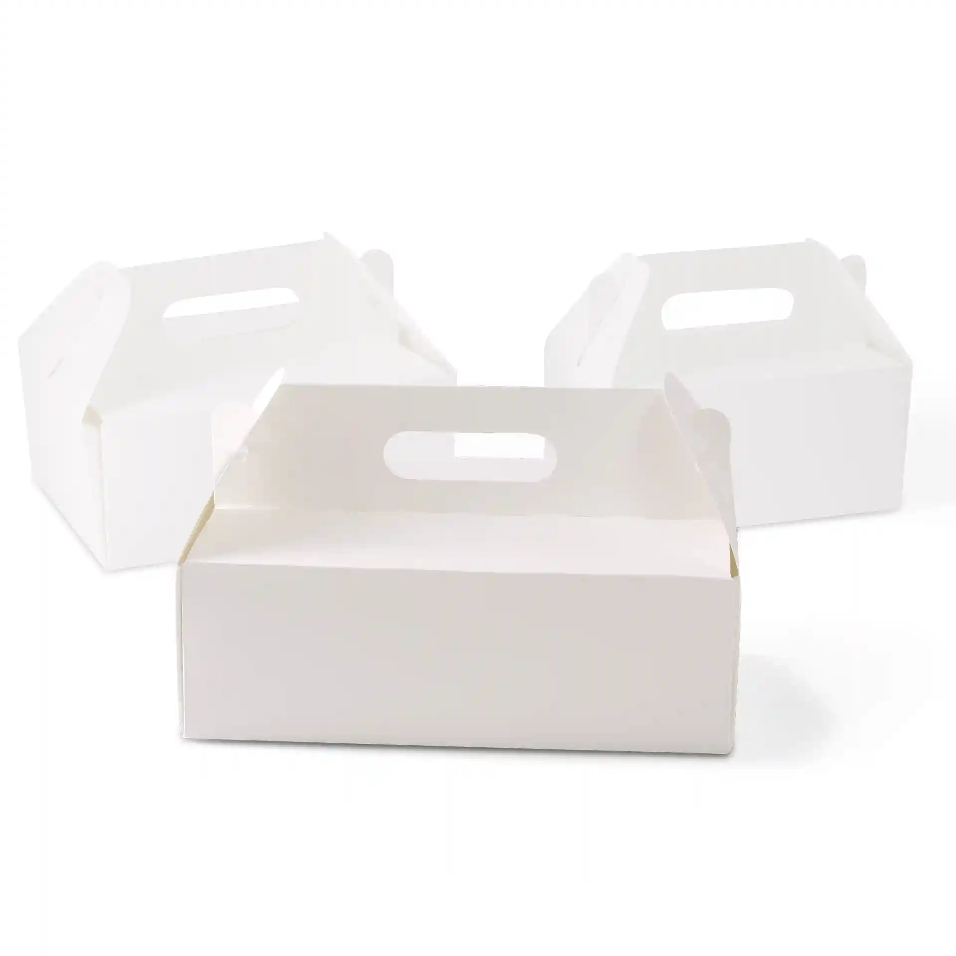 Three white cardboard pastry boxes with handles, rectangular shape, and foldable design.