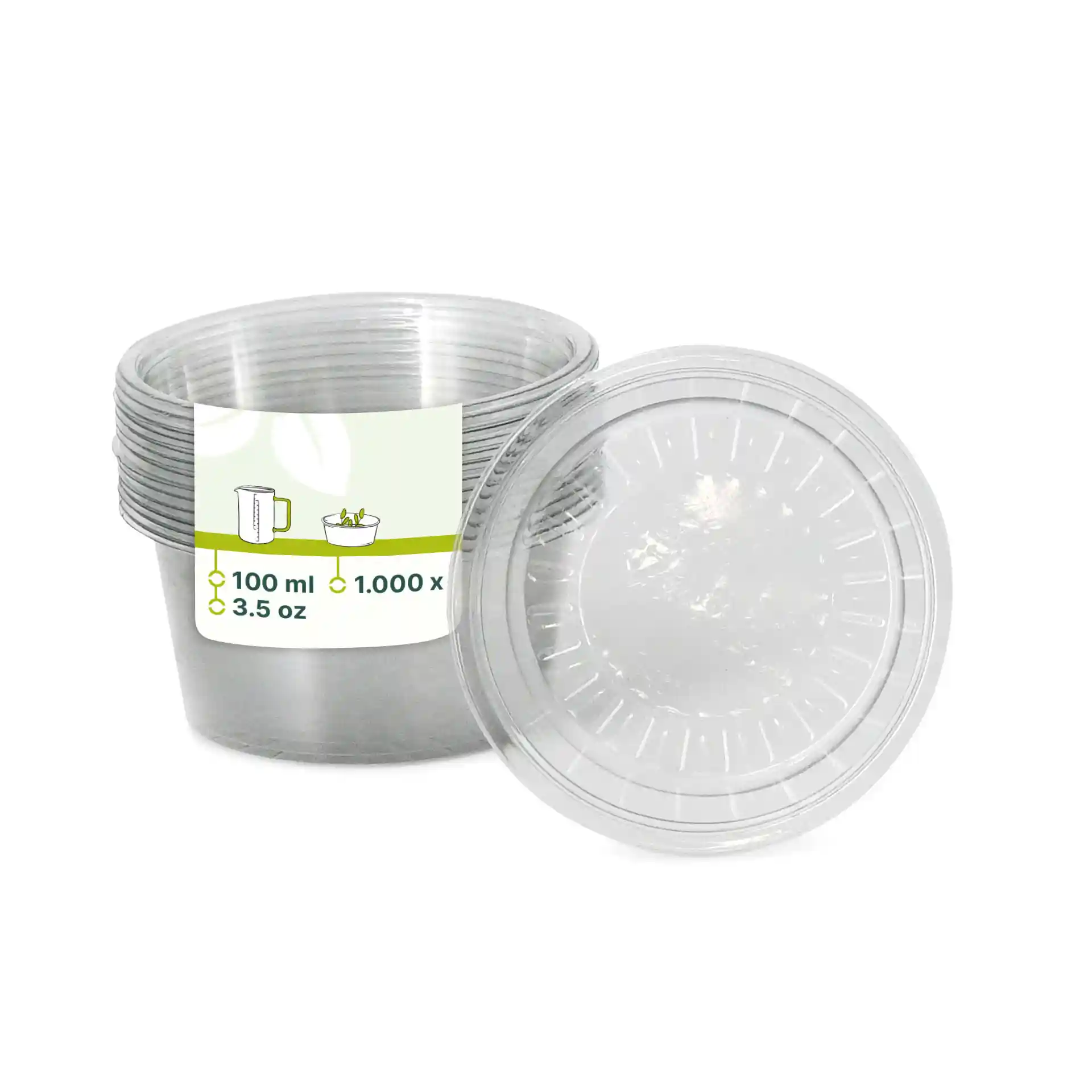 Clear round rPET sauce pots, 100 ml capacity, with a label showing dimensions and usage instructions.