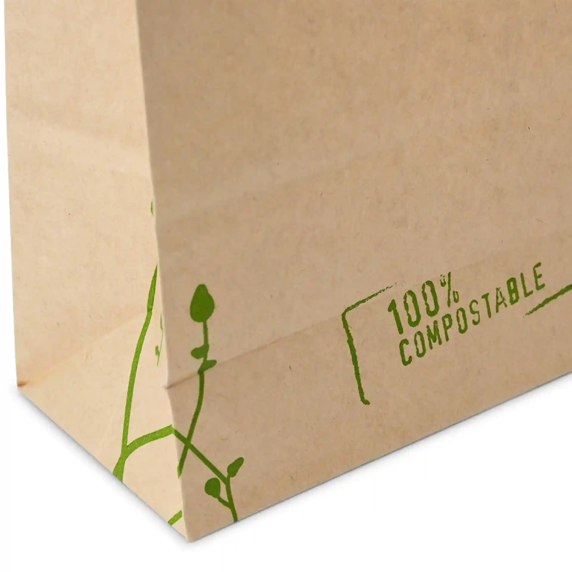 Brown kraft paper bag with a green design and a visible corner showing a label with markings.