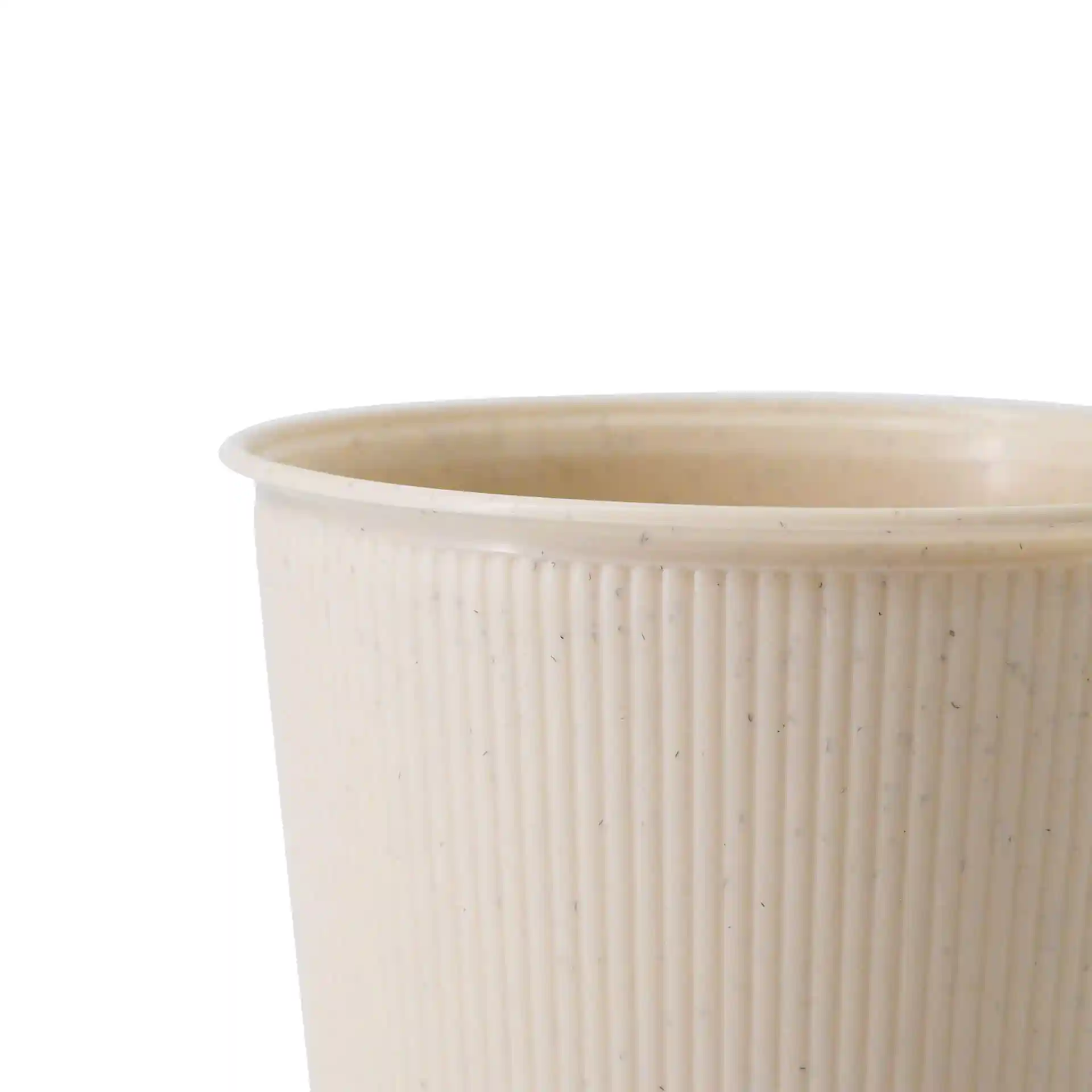 Ribbed cream white reusable cup with a diameter of 90 mm and height of 113 mm, made of PP material.