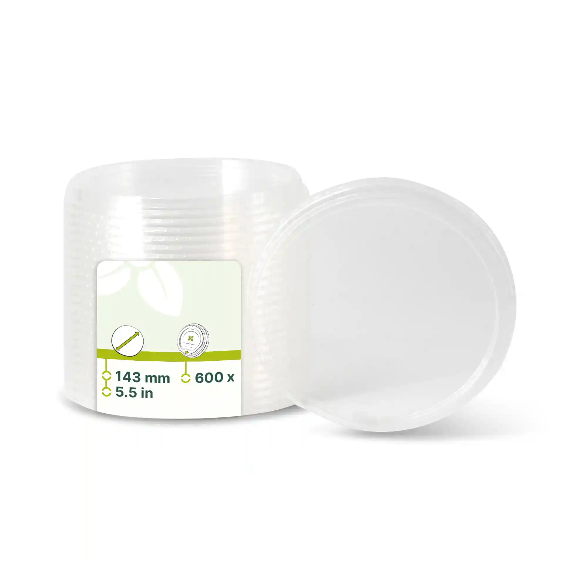 Transparent round PLA lids for deli cups, diameter 143 mm, with one lid shown partially open.