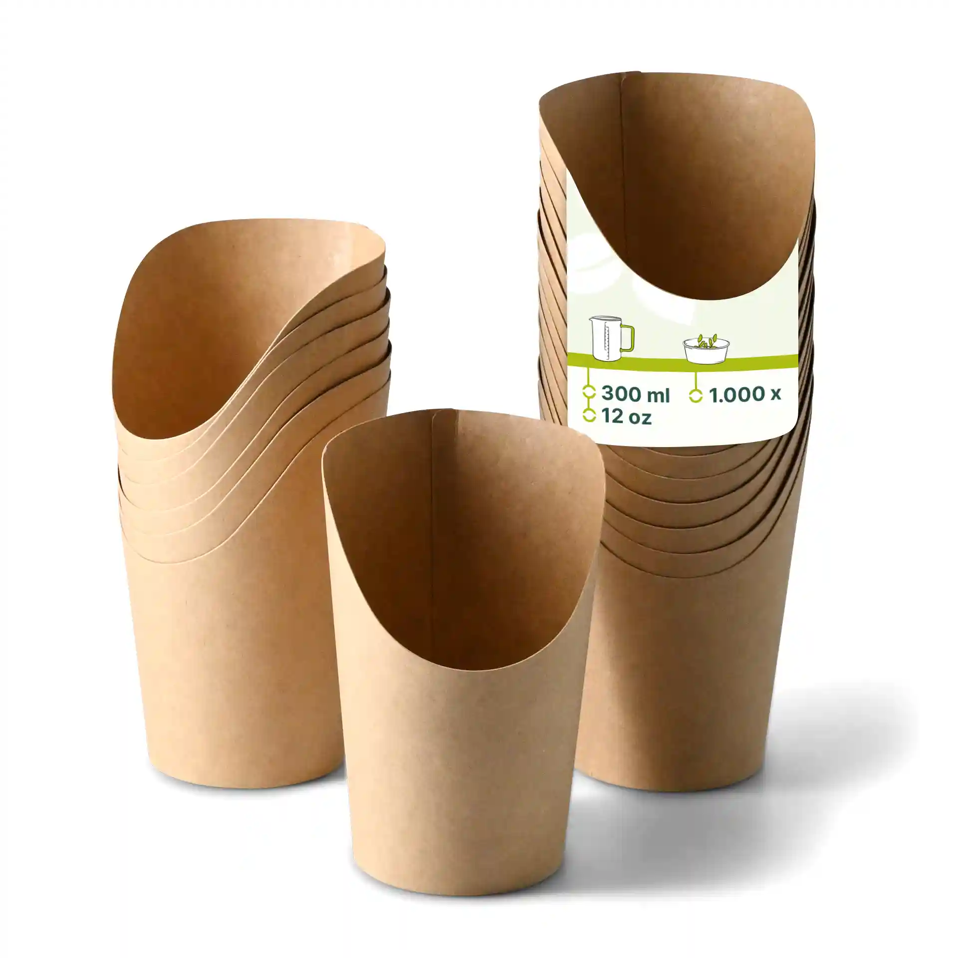 Brown cardboard wrap cups with a deep design, showing several stacked cups and one in front.