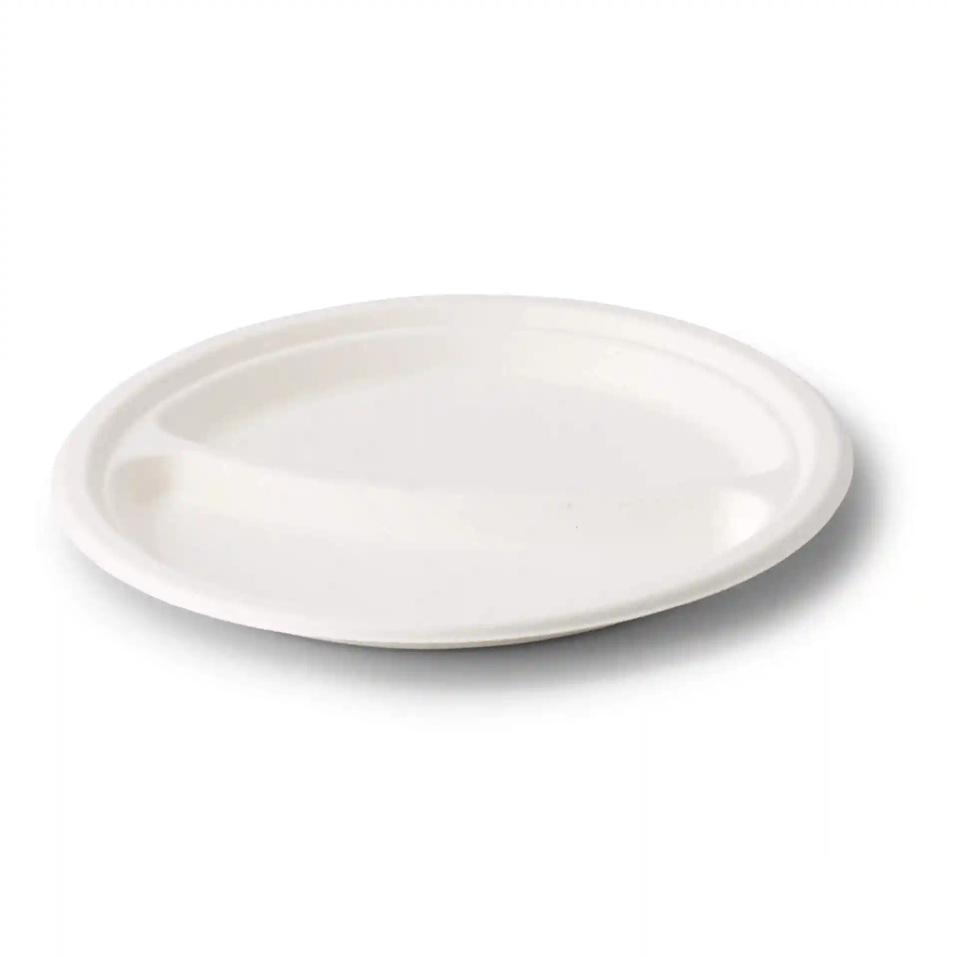 Runder weißer Zuckerrüben-Menü-Teller mit zwei Fächern, Durchmesser 22 cm und Höhe 2,4 cm.