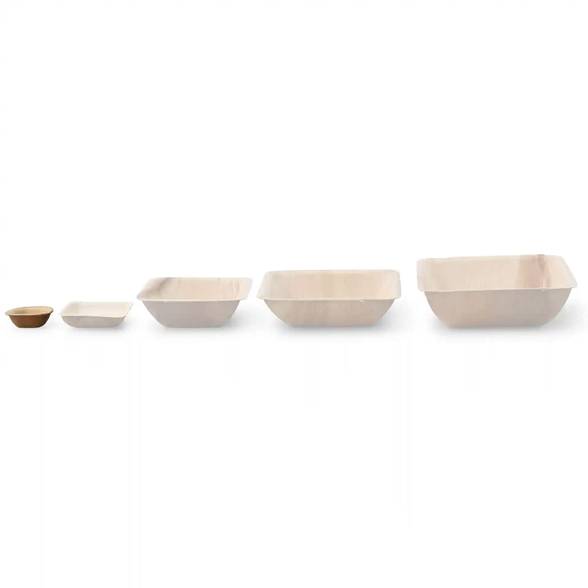 Image of five square palm leaf bowls in varying sizes, arranged from smallest to largest, on a plain background.