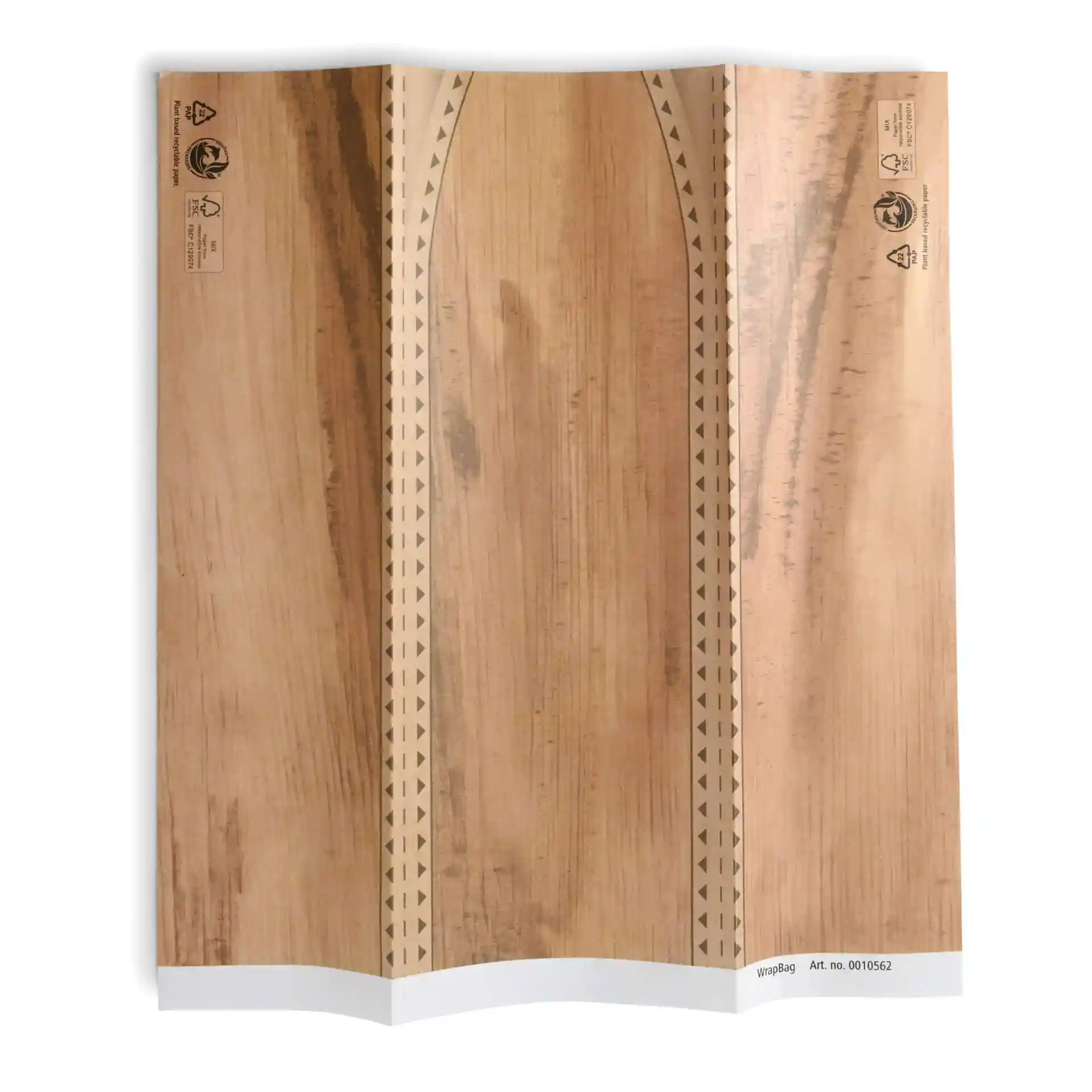 Brown kraft wrap bag, prefolded, measuring 10.5 x 30.5 cm, with a decorative border and no coating.