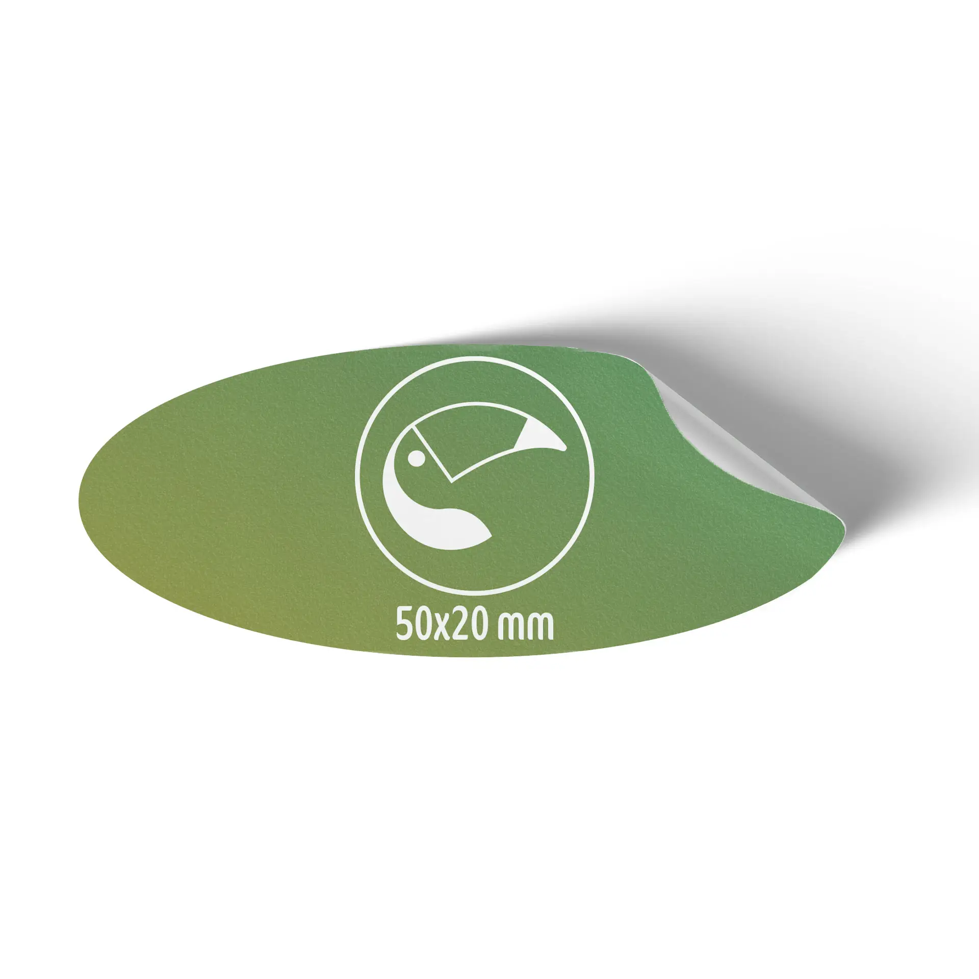 Label with a green background featuring a white logo and dimensions of 50x20 mm on a slightly curled edge.