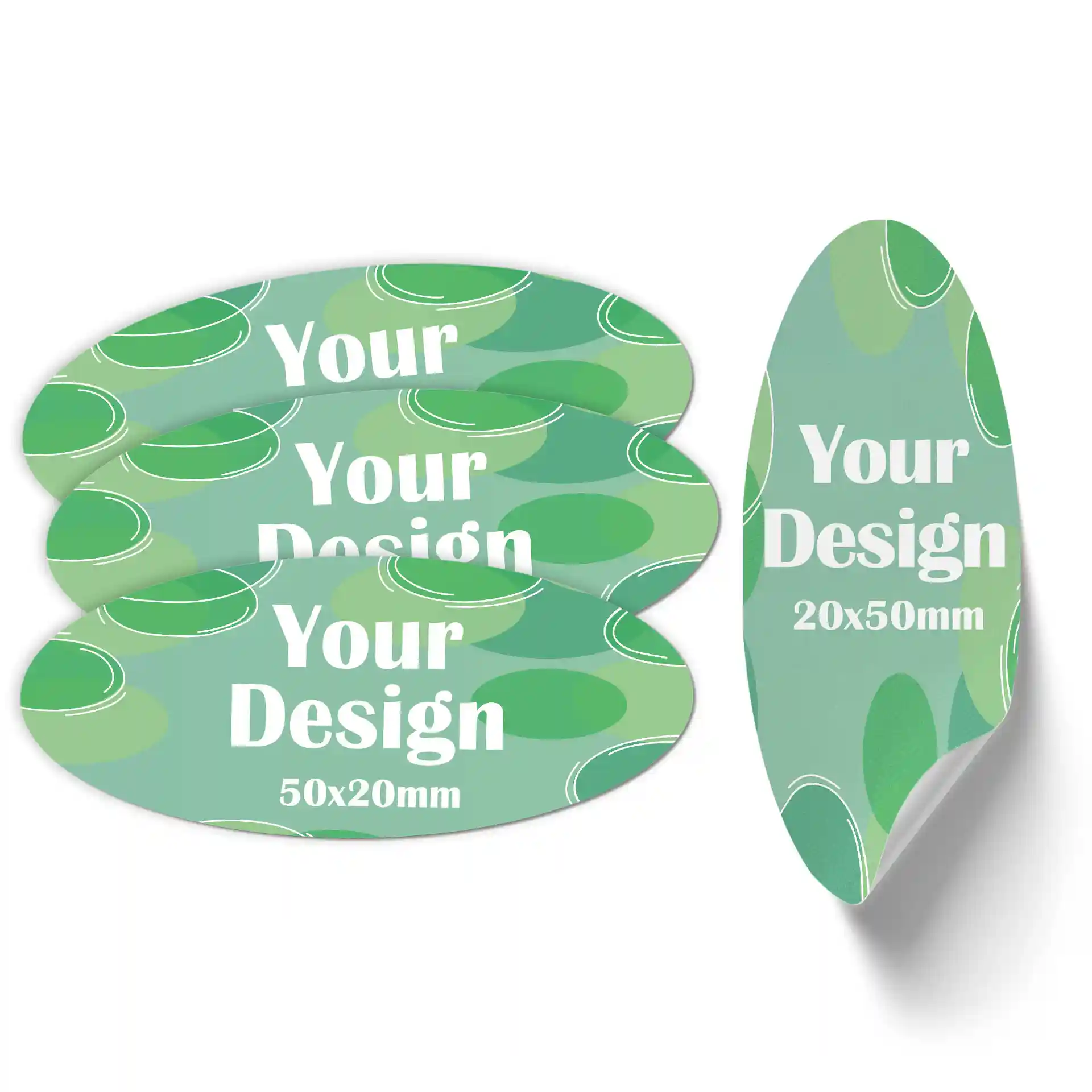 Ovale bedruckte Etiketten auf weißem mattem Hintergrund, mit grünen Designs und Text, Maße 20x50 mm.