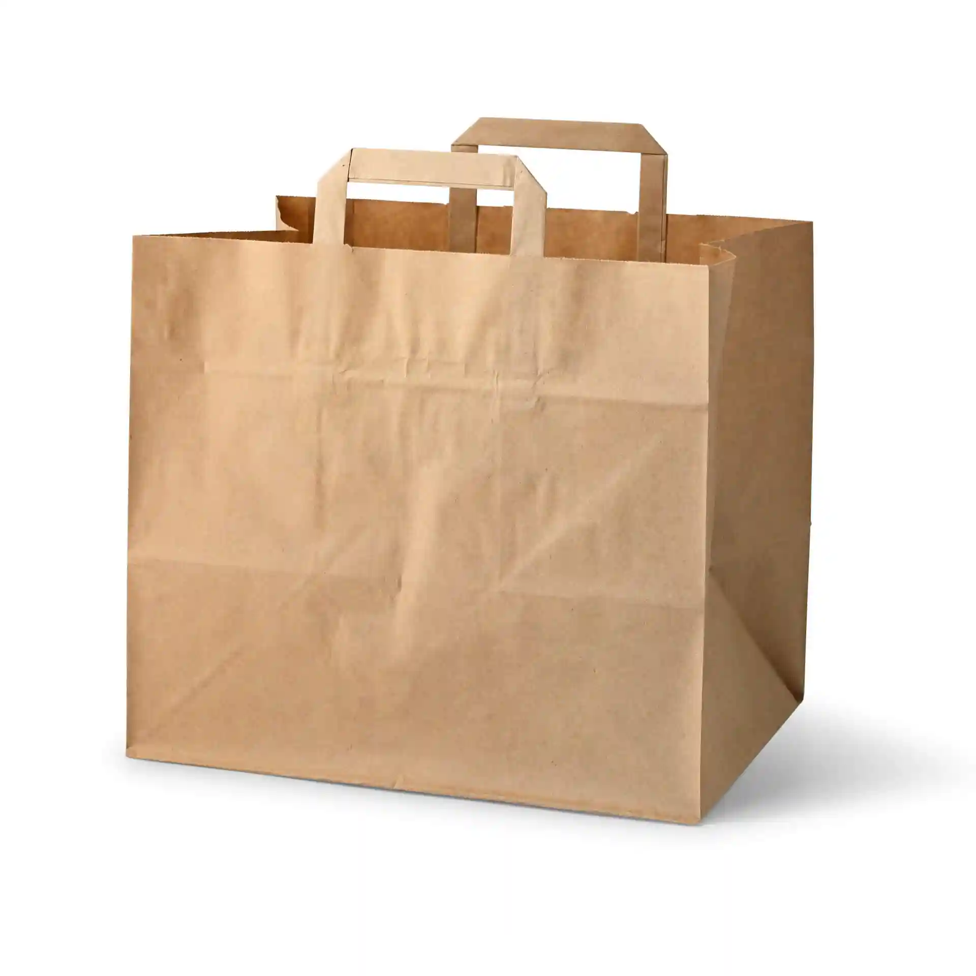 Braune Papiertasche mit zwei Griffen, Maße 32 x 21 x 27 cm, aus recyceltem Papier.