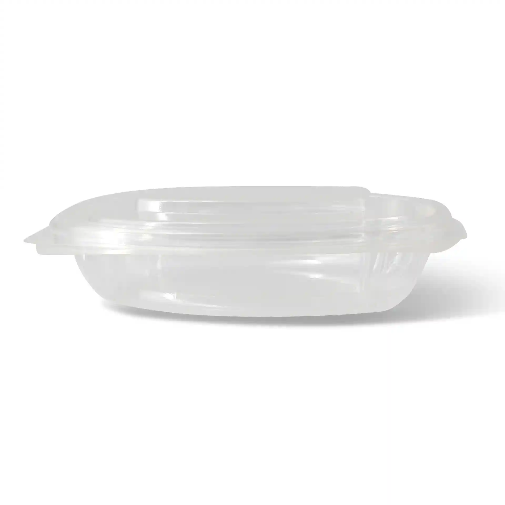 Transparent rectangular PLA deli bowl with a folding lid, dimensions 159 mm length and 130 mm width.