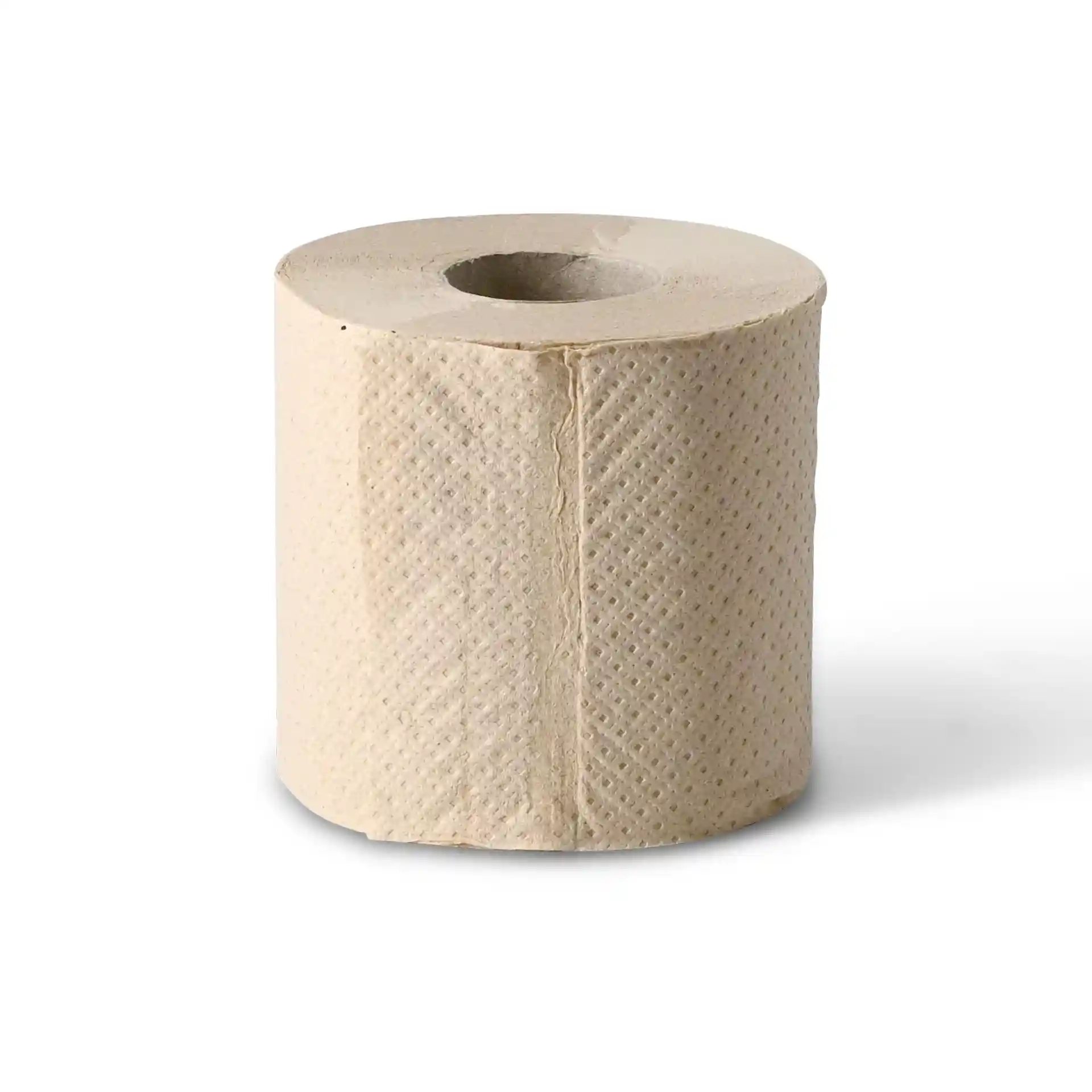 Brown 2-ply toilet paper roll made from recycled paper, featuring a central cardboard core and textured surface.