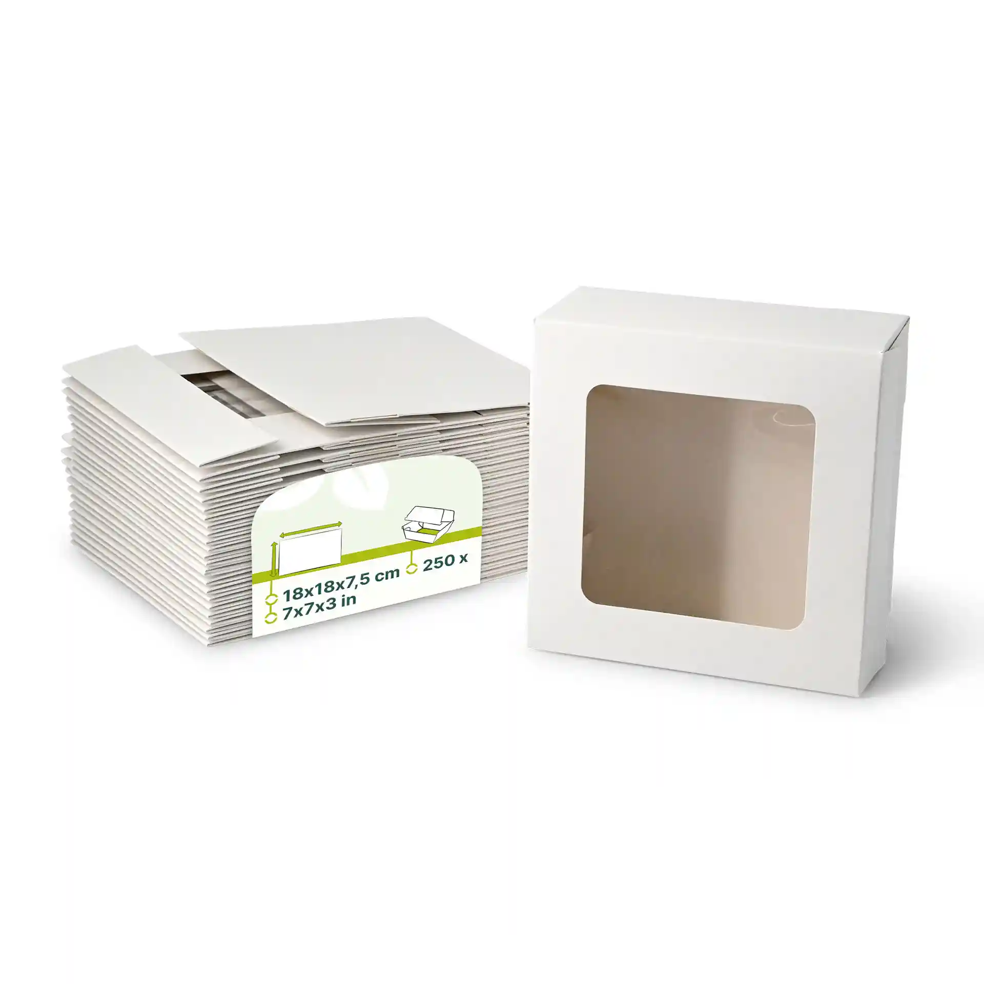 Stack of white cardboard pastry boxes with a square shape and a cellulose window, next to a single box.