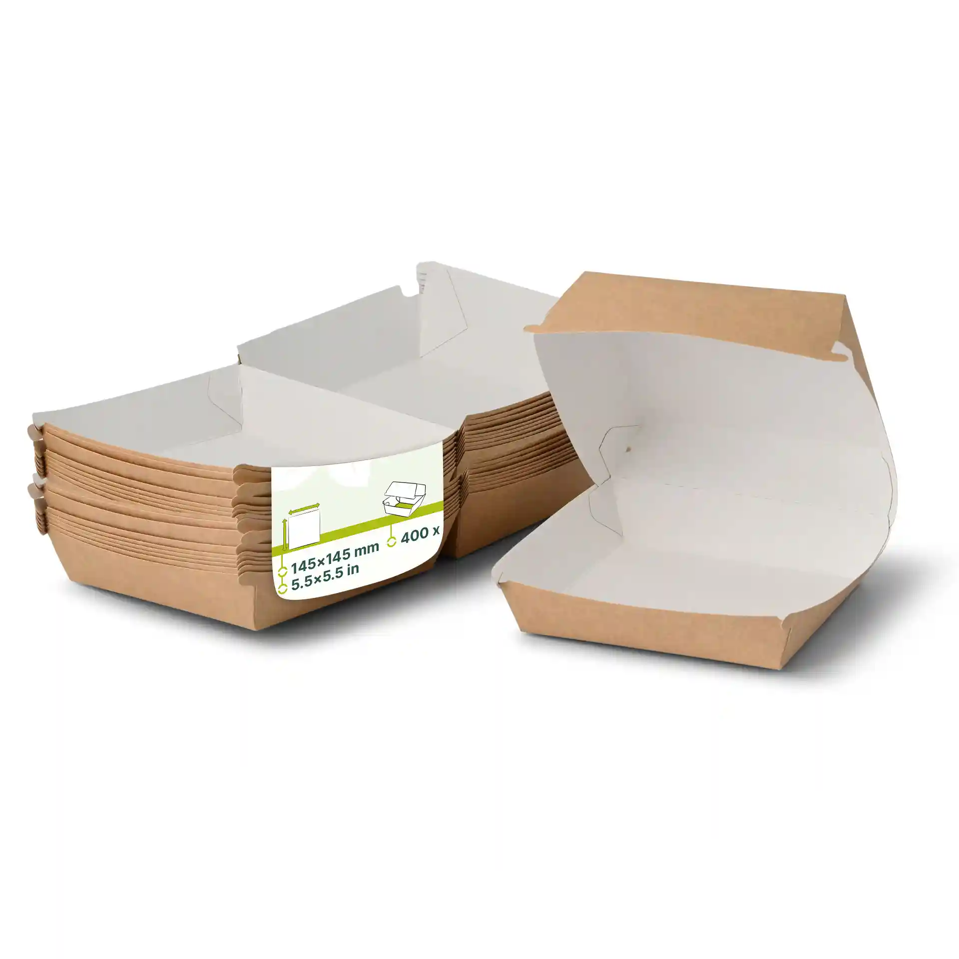 Stack of brown cardboard takeaway burger boxes with white interior, two boxes open to show interior.