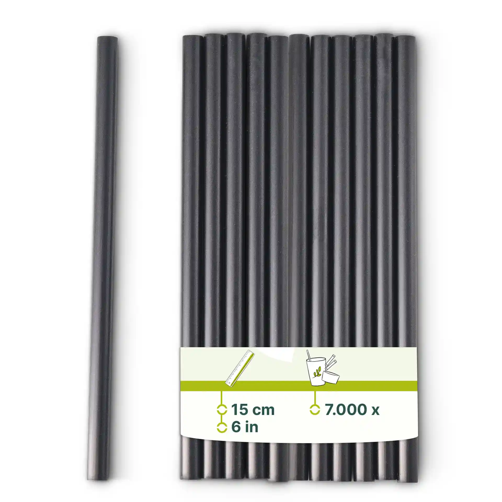 Black reusable cocktail straws, 15 cm long and 0.7 cm in diameter, arranged with a label showing dimensions.