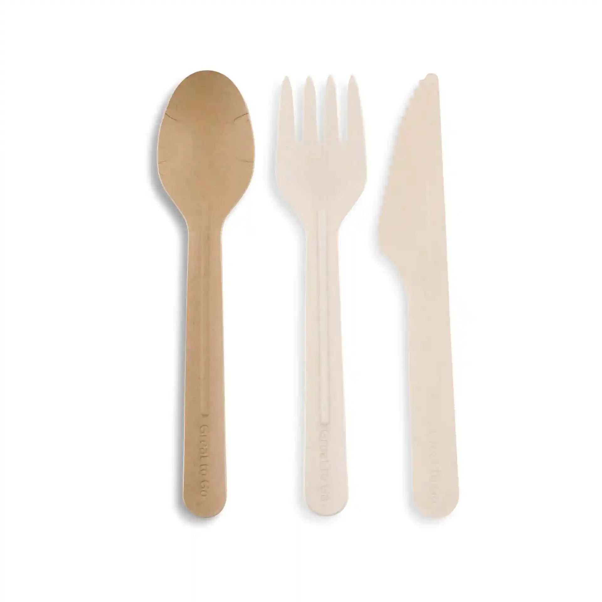 Set of three disposable utensils including a brown paper spoon, white paper fork, and white paper knife.
