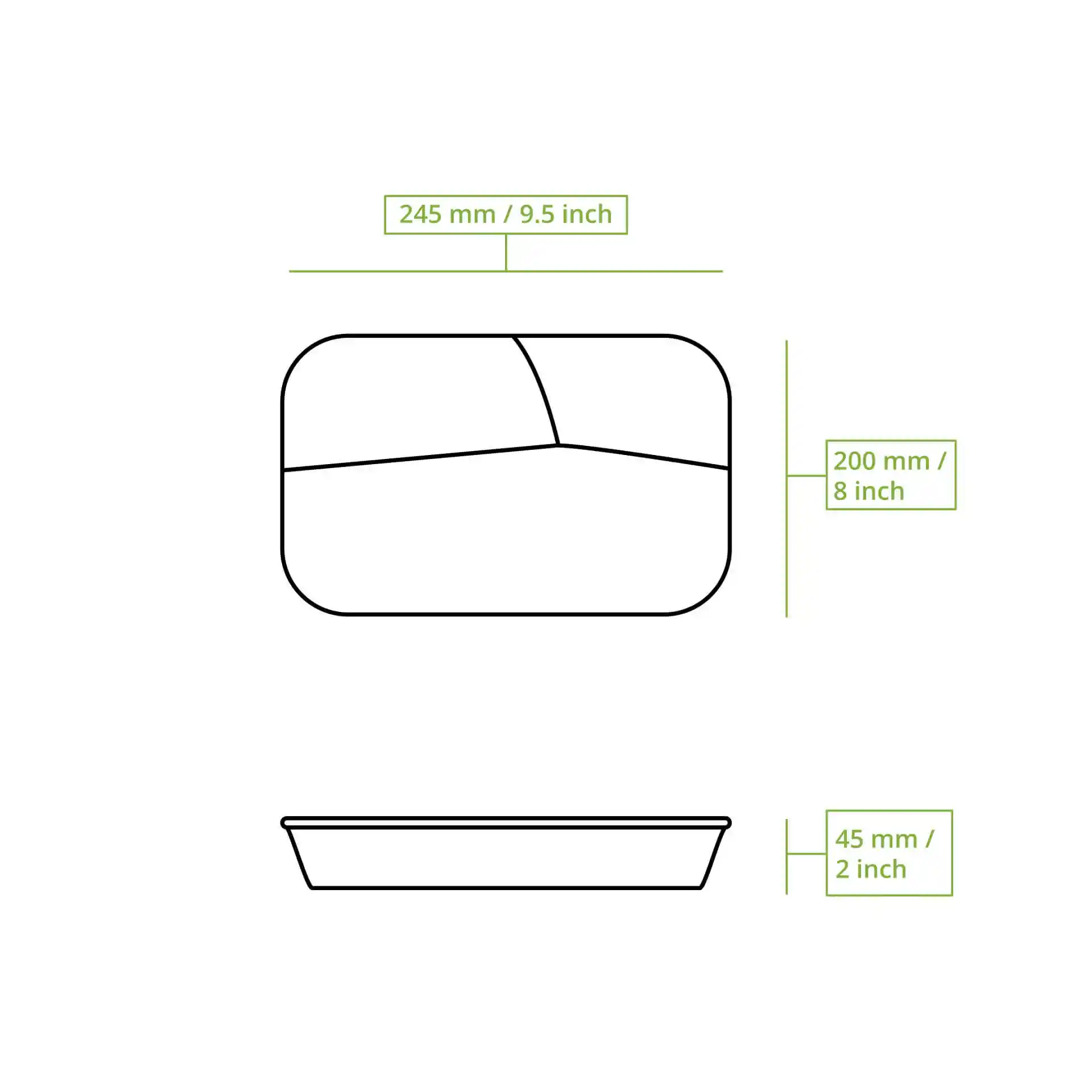 Schematic drawing of a reusable meal container with three compartments, dimensions 245 mm x 200 mm x 45 mm.