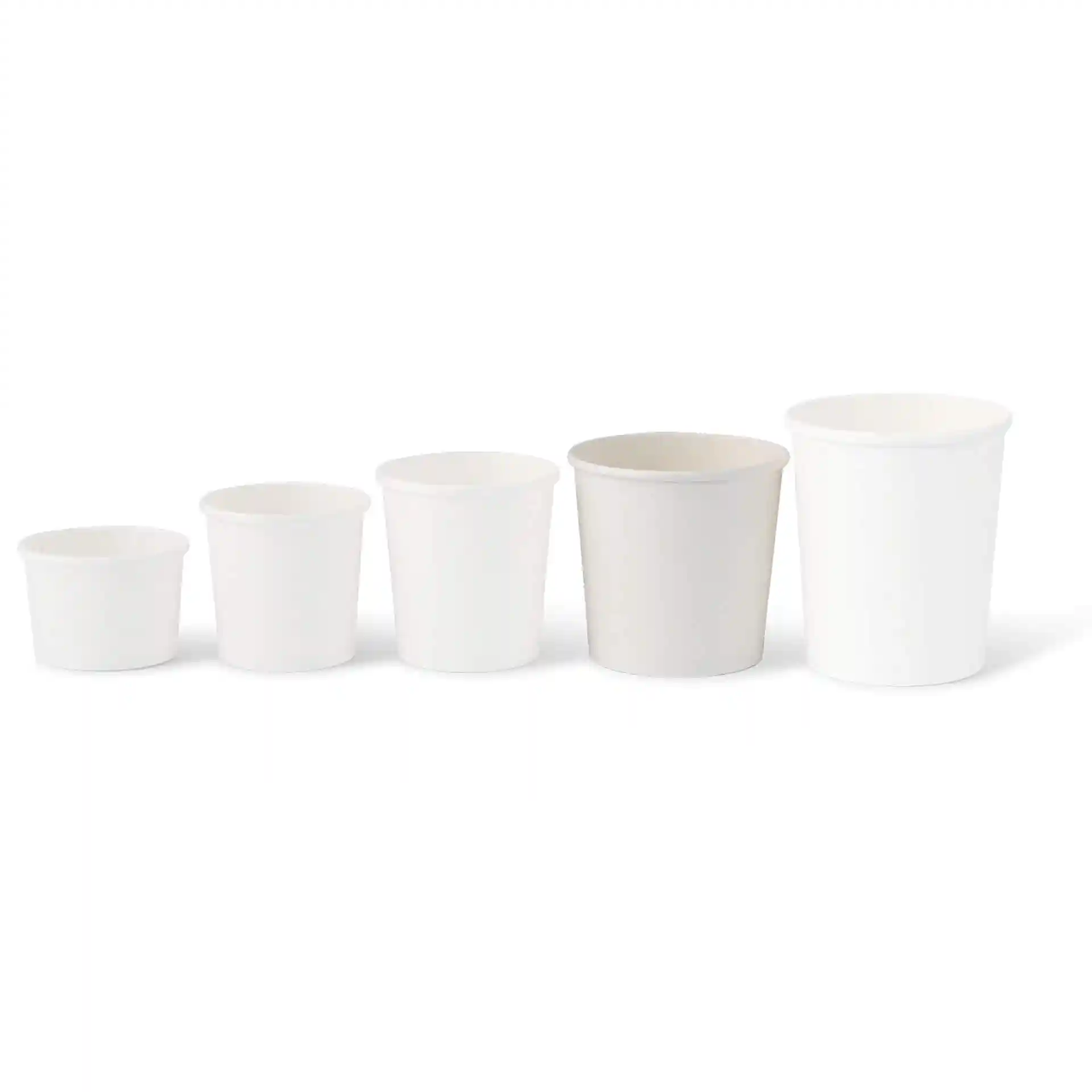 Five round paperboard soup containers in white, varying in size from small to large.