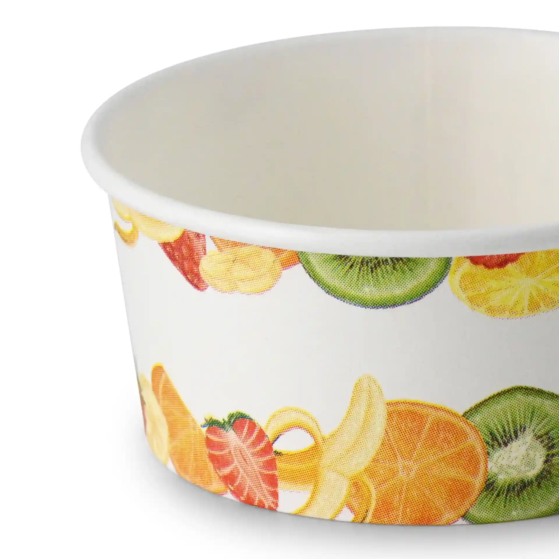 Runder Pappbecher mit gedrucktem Obstdesign, 4 oz Kapazität, aus Karton, Durchmesser 92 mm.