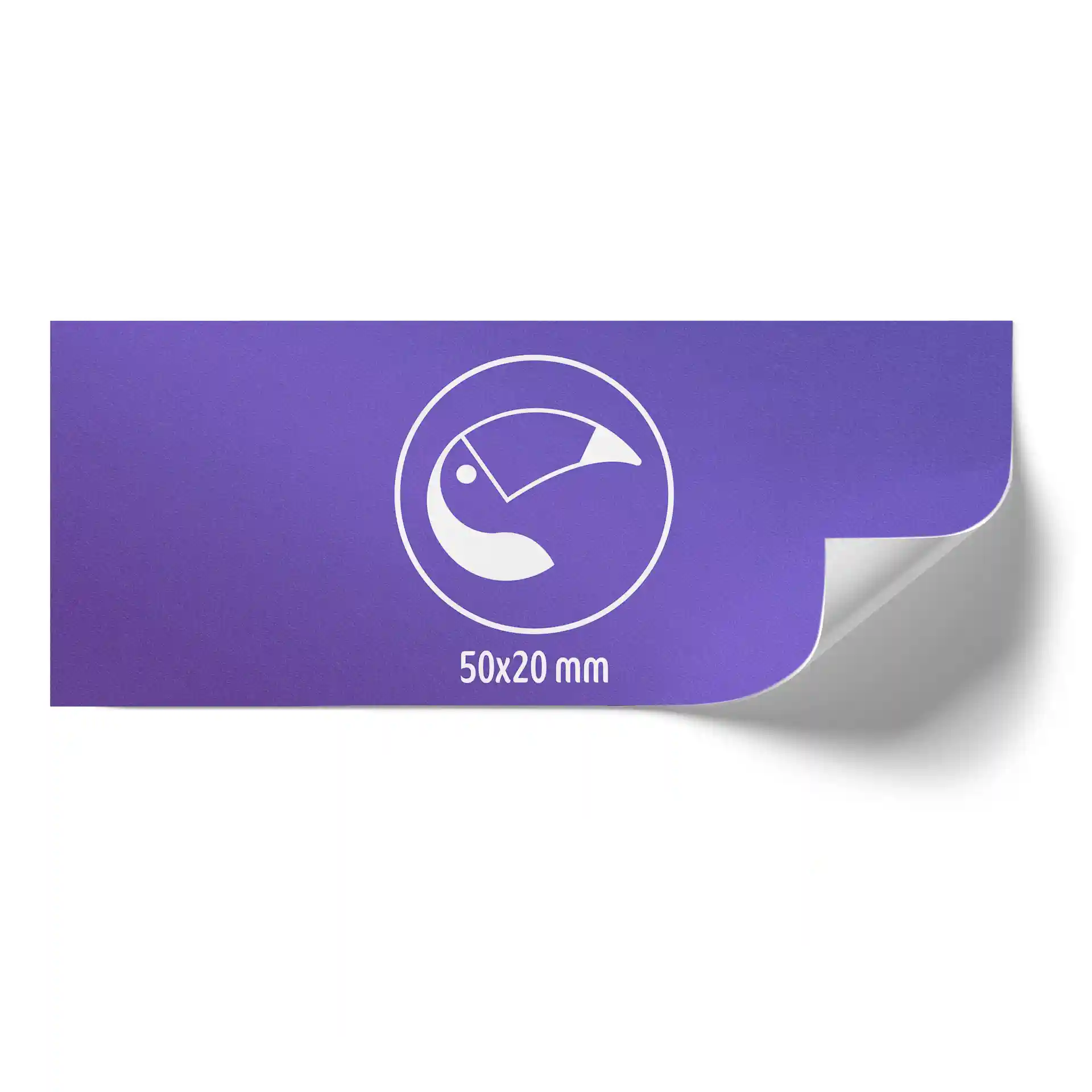 Purple rectangular label with a white icon and dimensions of 50x20 mm, partially curled at the corner.
