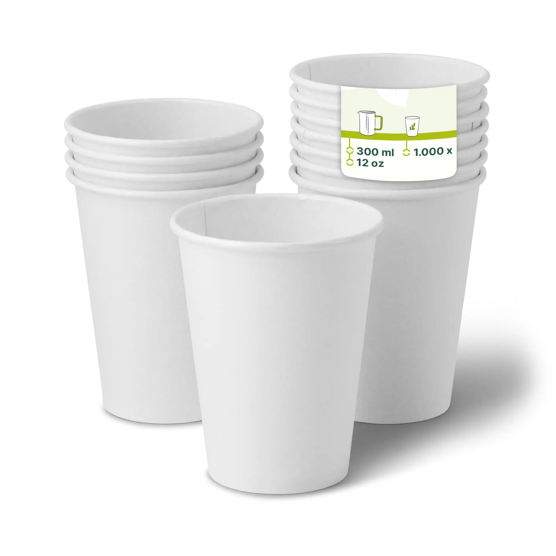 One white 12 oz paper cup in focus; several similar cups stacked behind with a label displayed.