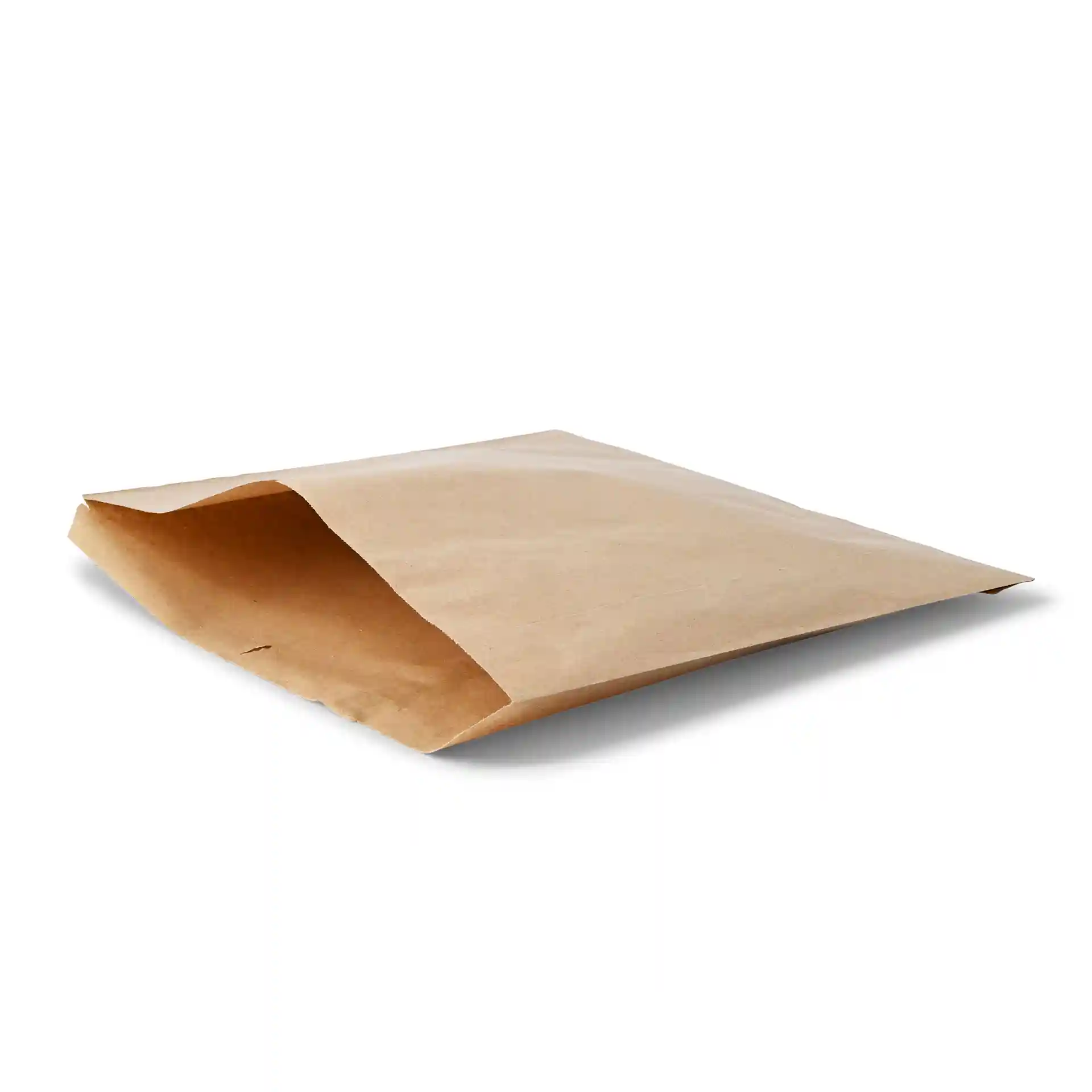 Braune Kraftpapier-Flachbeutel mit den Maßen 30 x 29 cm, mit offenem Klappenteil auf einer Seite.
