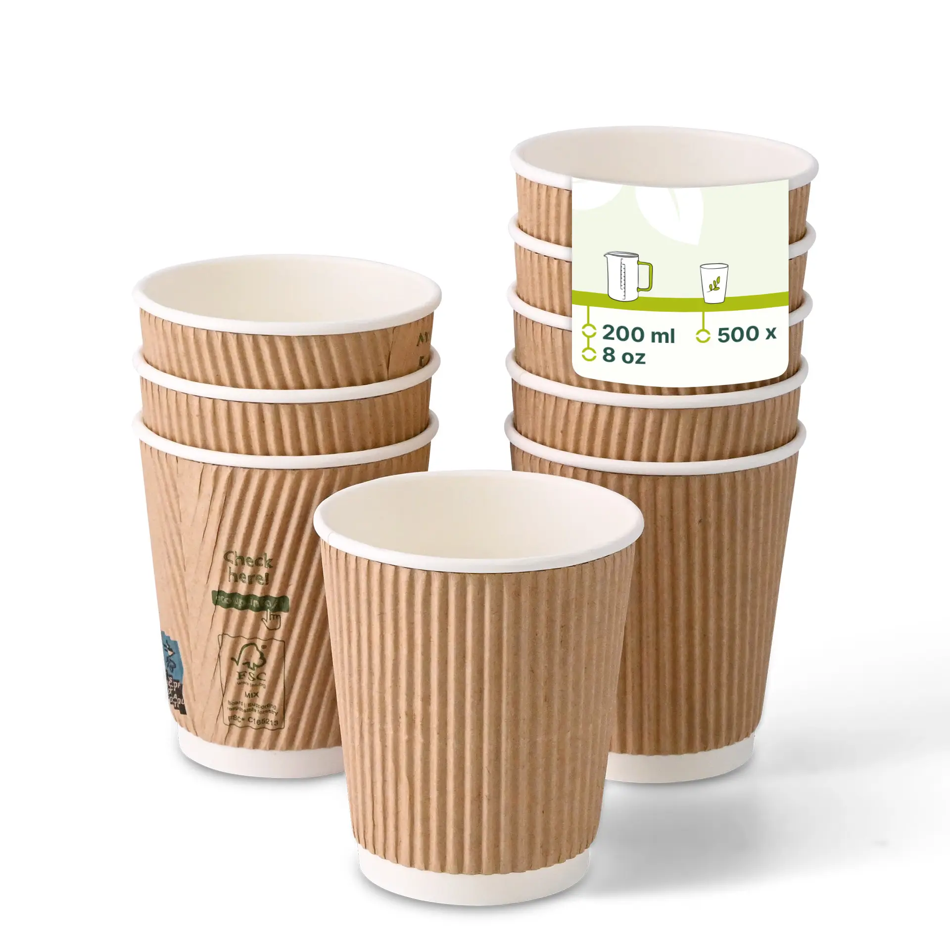 Eight-ounce ribbed coffee cups for hot drinks; brown exterior with white interior; stackable with printed label on side.