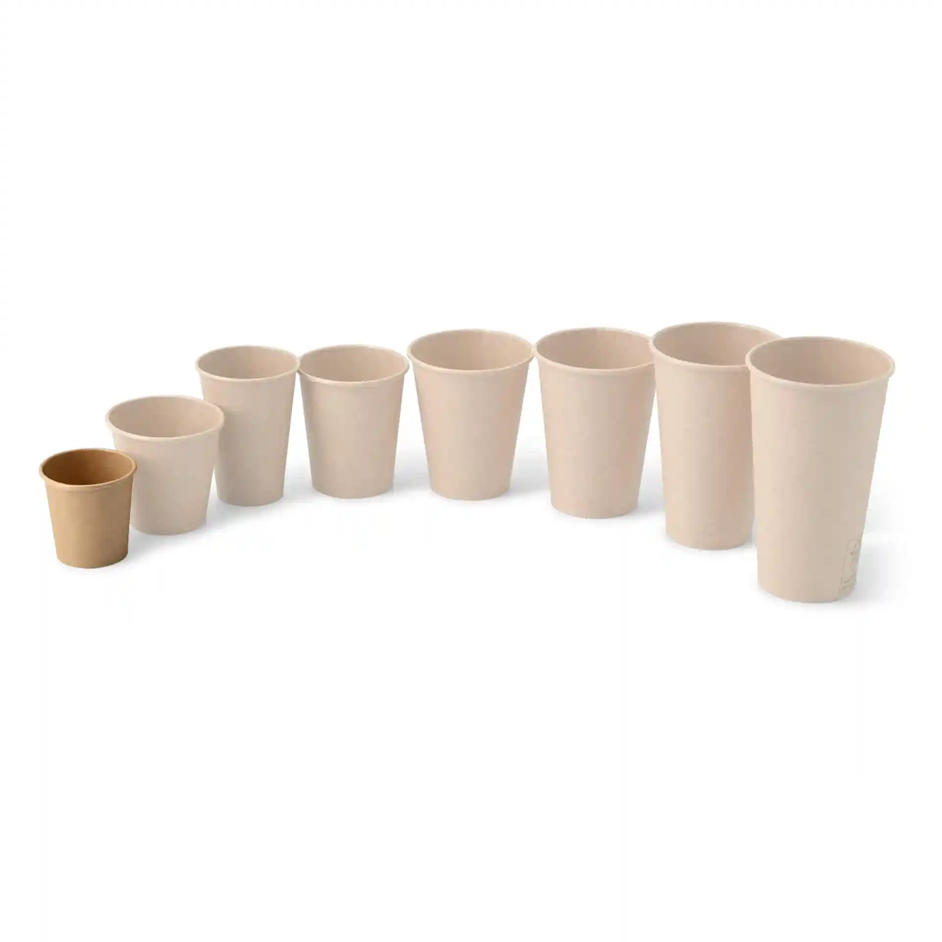 Set of eight round cardboard cups in varying sizes, with one smaller brown cup and seven larger beige cups.