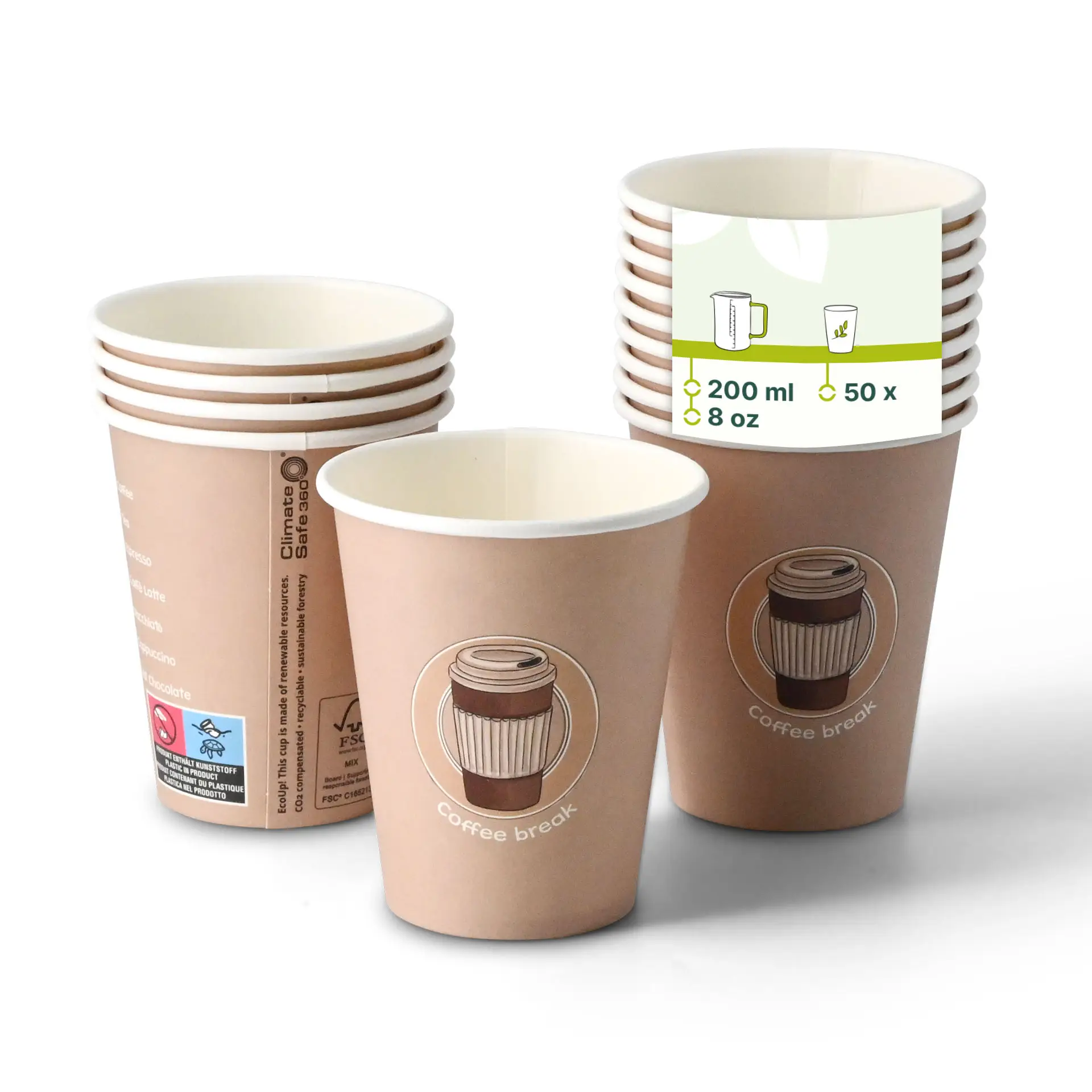 8 oz Paper cup printed with "Coffeebreak" (coated), Ø 80 mm, white con10033-01-1-pappbecher-bedruckt-coffeebreak-beschichtet-200-ml-8-oz-80-mm-weiss