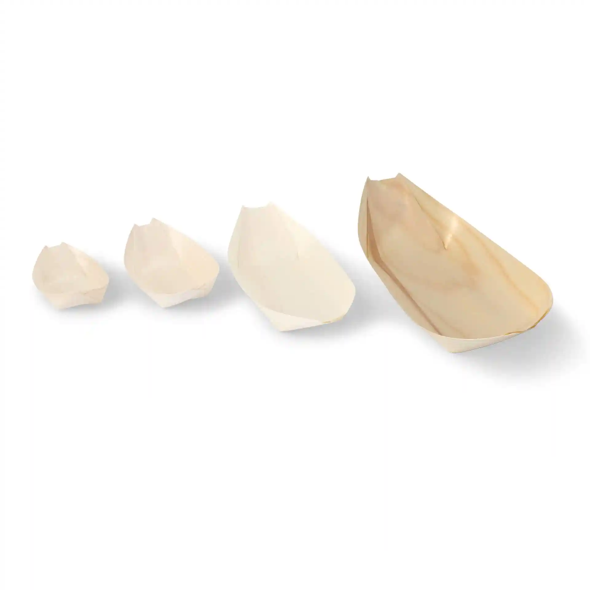 Image of four wooden boat-shaped containers in varying sizes, with a light brown color and no coating.