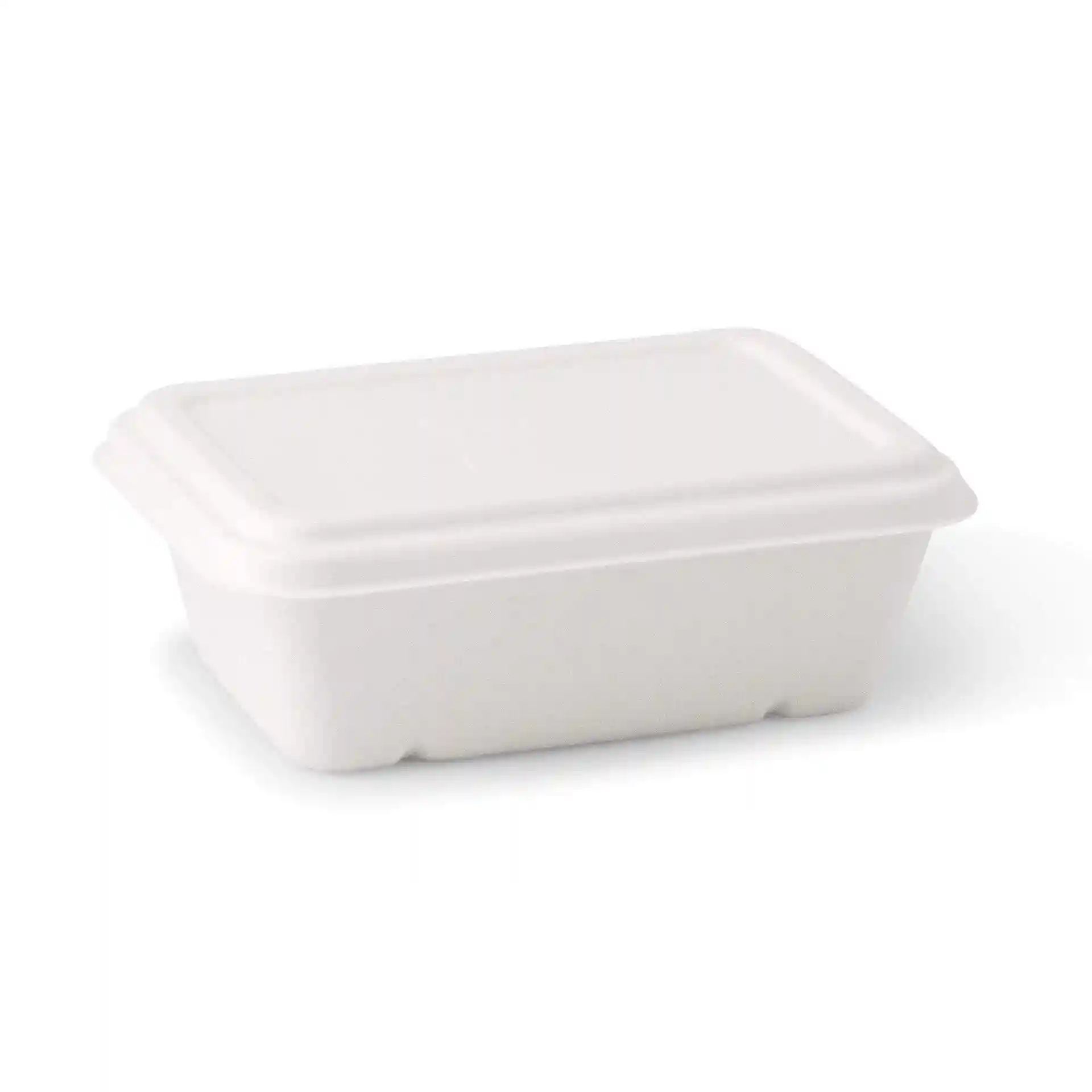 White rectangular sugarcane bowl with a lid, measuring 17 x 12 x 6 cm and a volume of 650 ml.