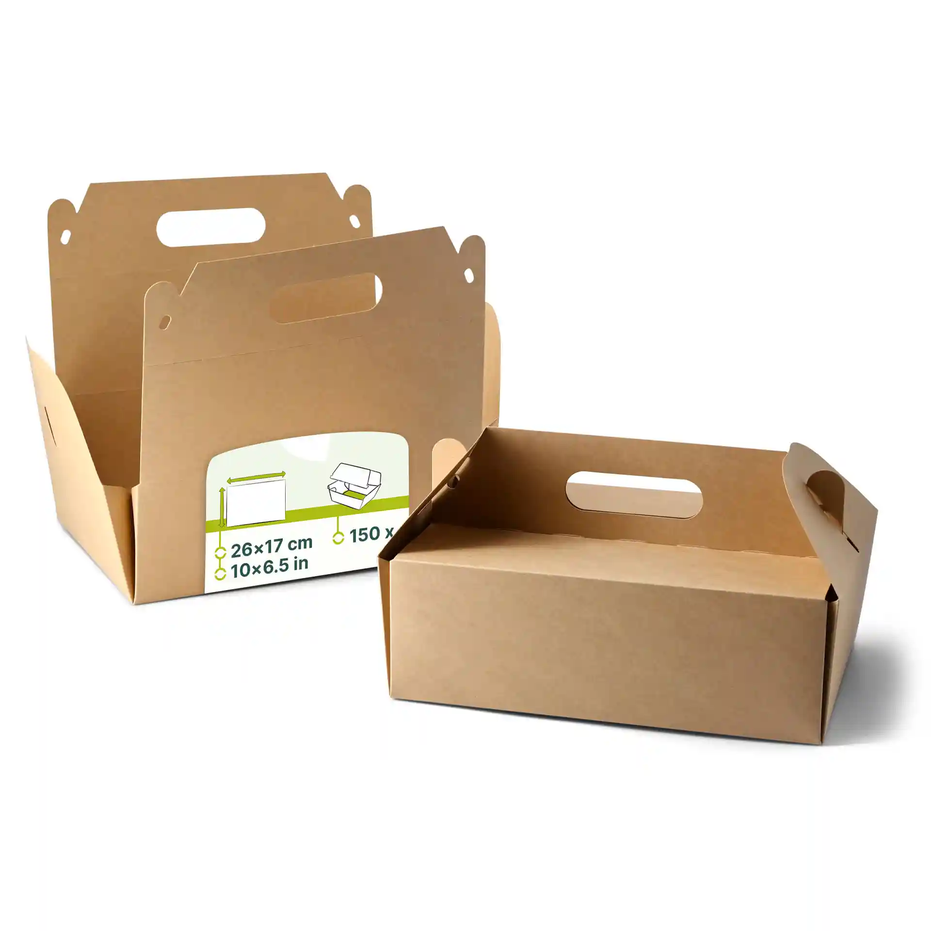Braune Pappkuchenboxen mit Griffen, rechteckig, faltbar, Maße 26 x 17 x 9 cm.
