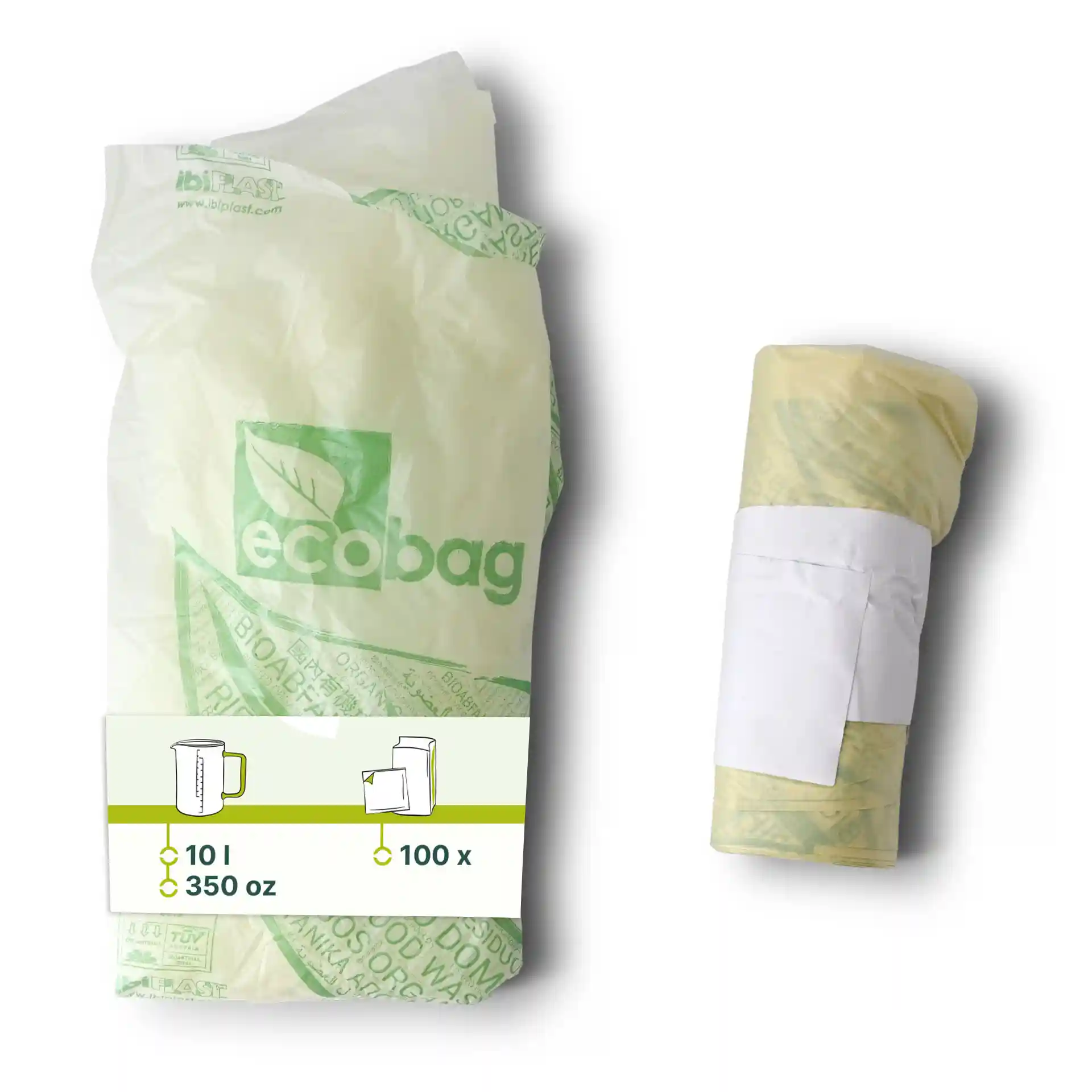 Transparent bio bin bags, 42x42 cm, packaged with a label indicating 10 liters and 100 bags.