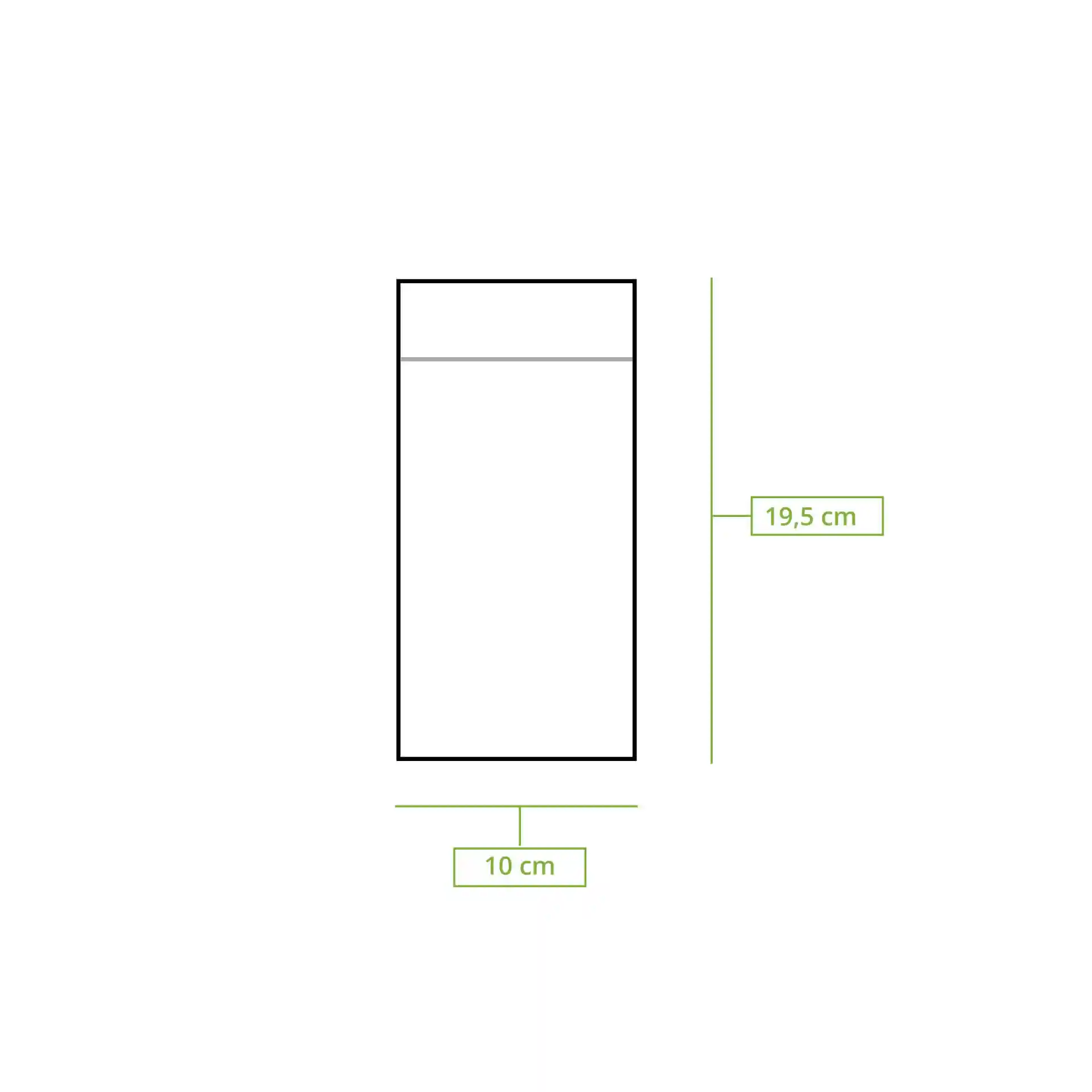 Schematische Zeichnung eines rechteckigen Bestecktäschchens mit den Maßen 10 cm x 19,5 cm, mit Maßlinien.