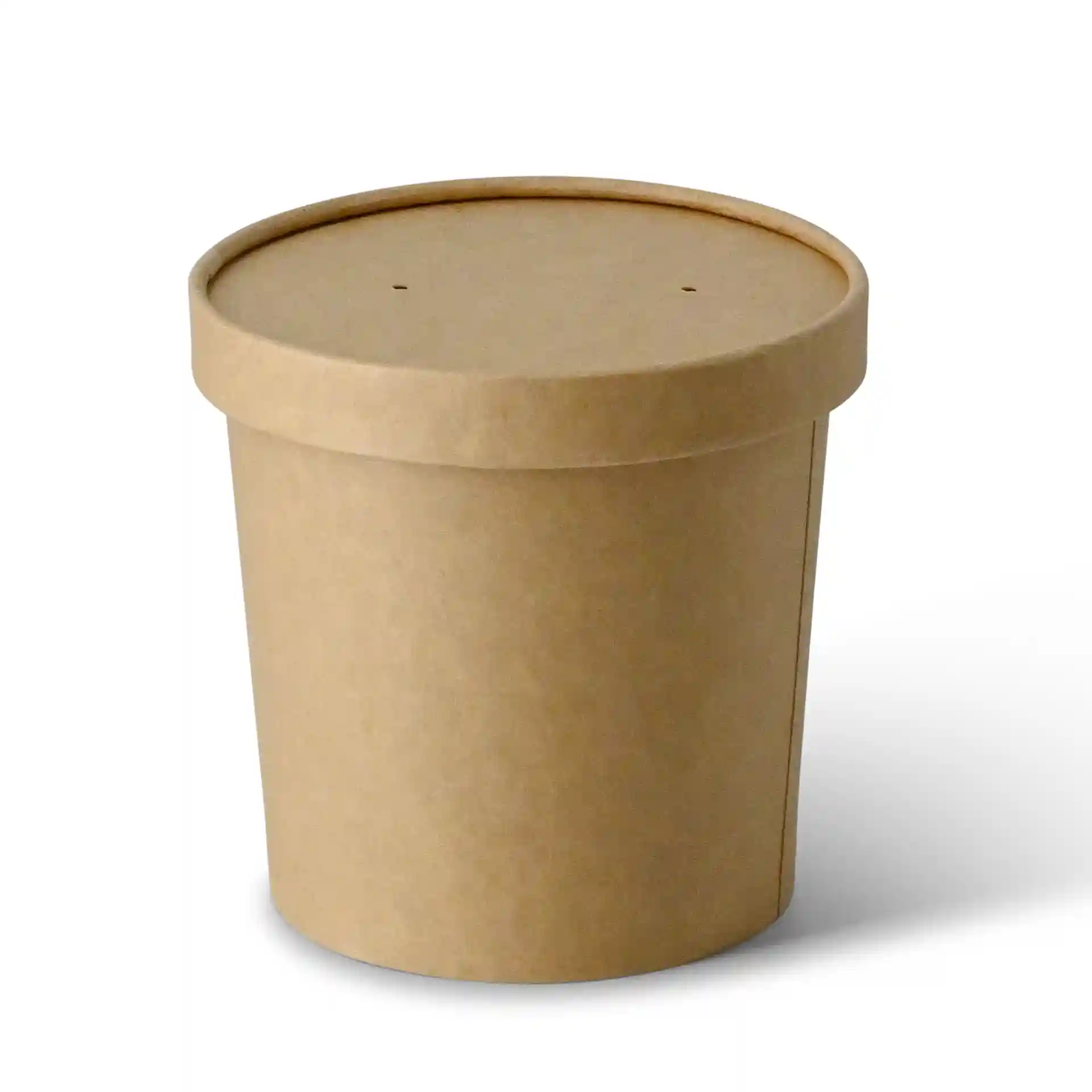 Brauner Pappbecher für Suppe mit runder Form und Deckel, 600 ml Fassungsvermögen, 115 mm Durchmesser.