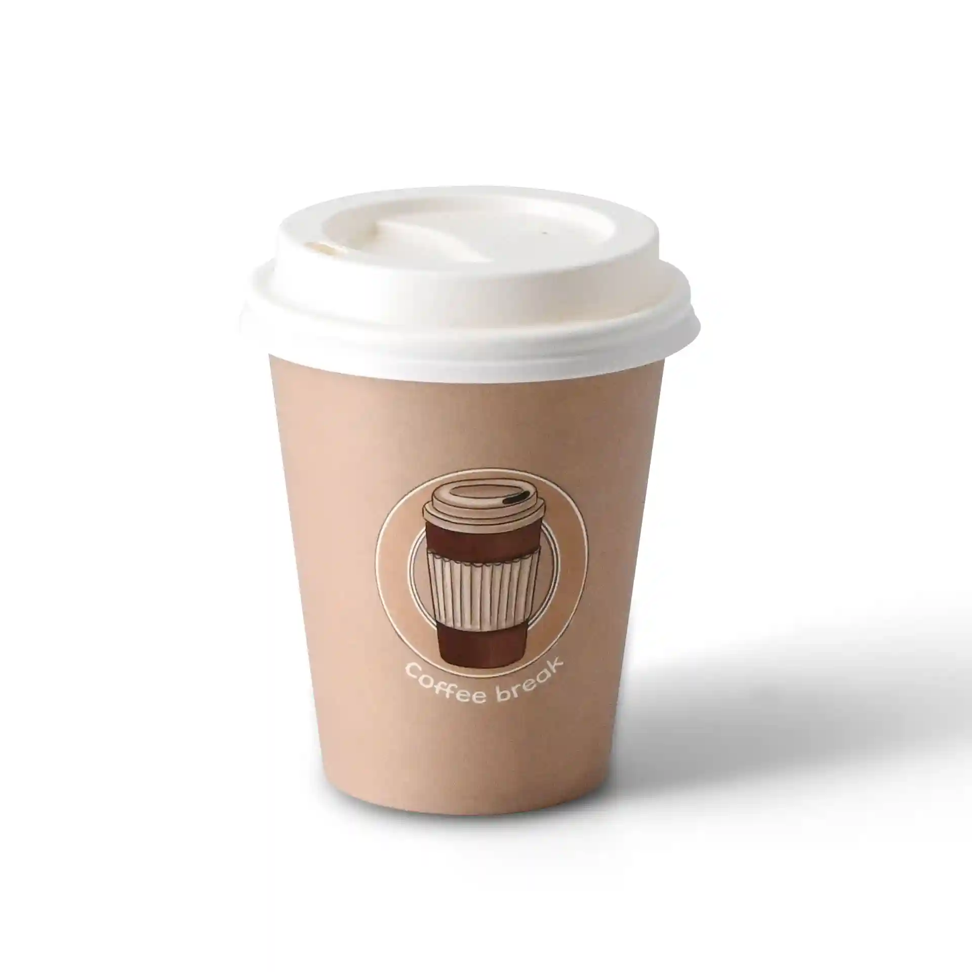 Brauner Becher mit weißem Deckel, bedruckt mit einem Kaffeebecher und dem Text "Kaffeepause."
