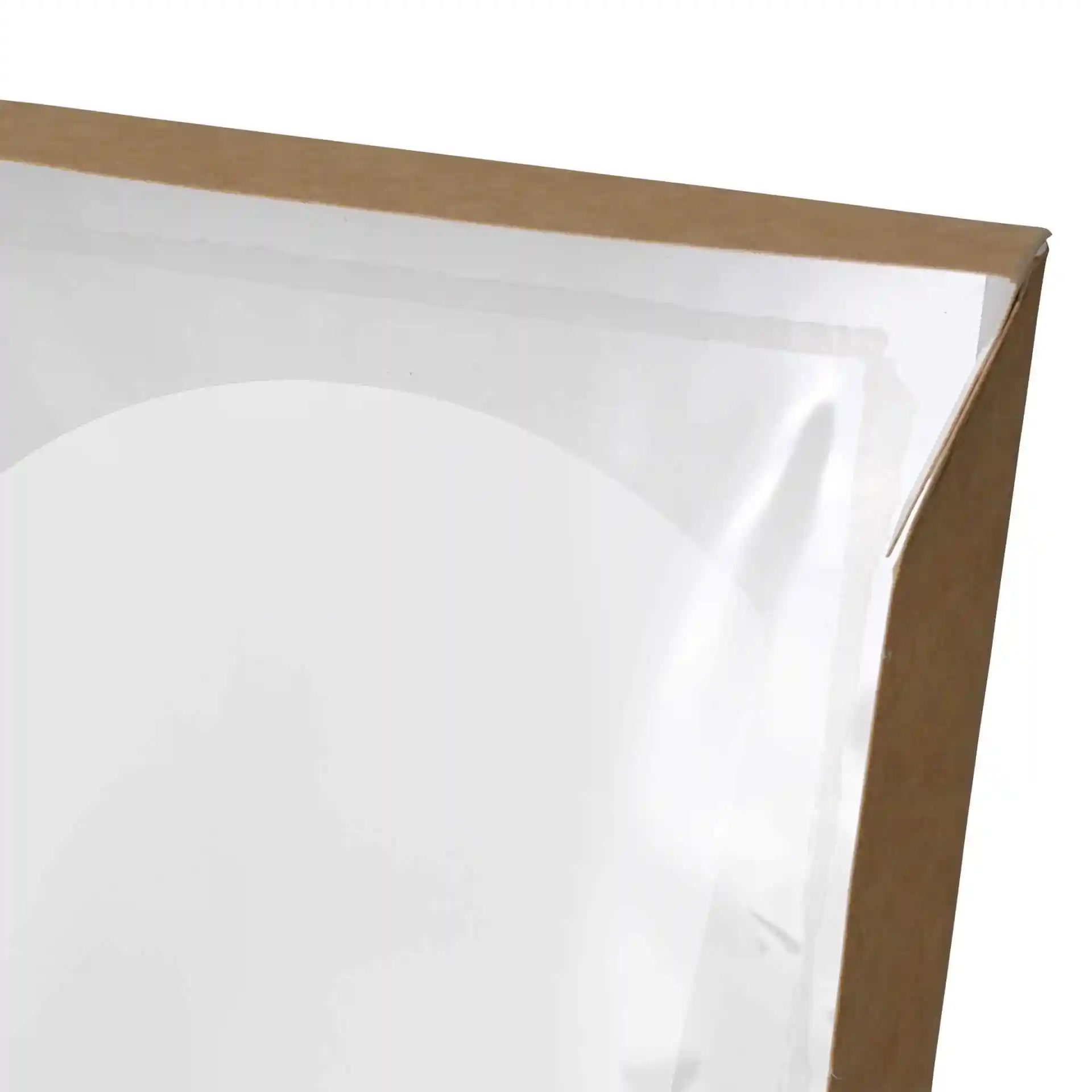 Close-up of a rectangular cardboard window box with a cellulose viewing window, brown exterior, and white interior.