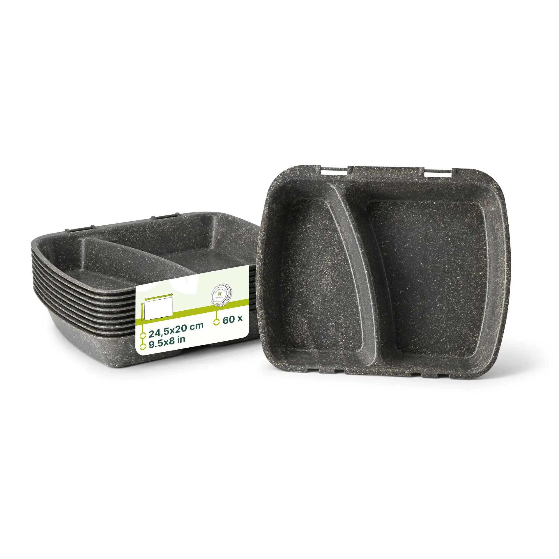 Mehrweg Menübehälter "merways Box" 24,5 x 20 x 4,5 cm, 2 Kammern, HP4/2, Pfeffer / grau Mehrweg Menübehälter "merways Box" 24,5 x 20 x 4,5 cm, 2 Kammern, HP4/2, Pfeffer / grau