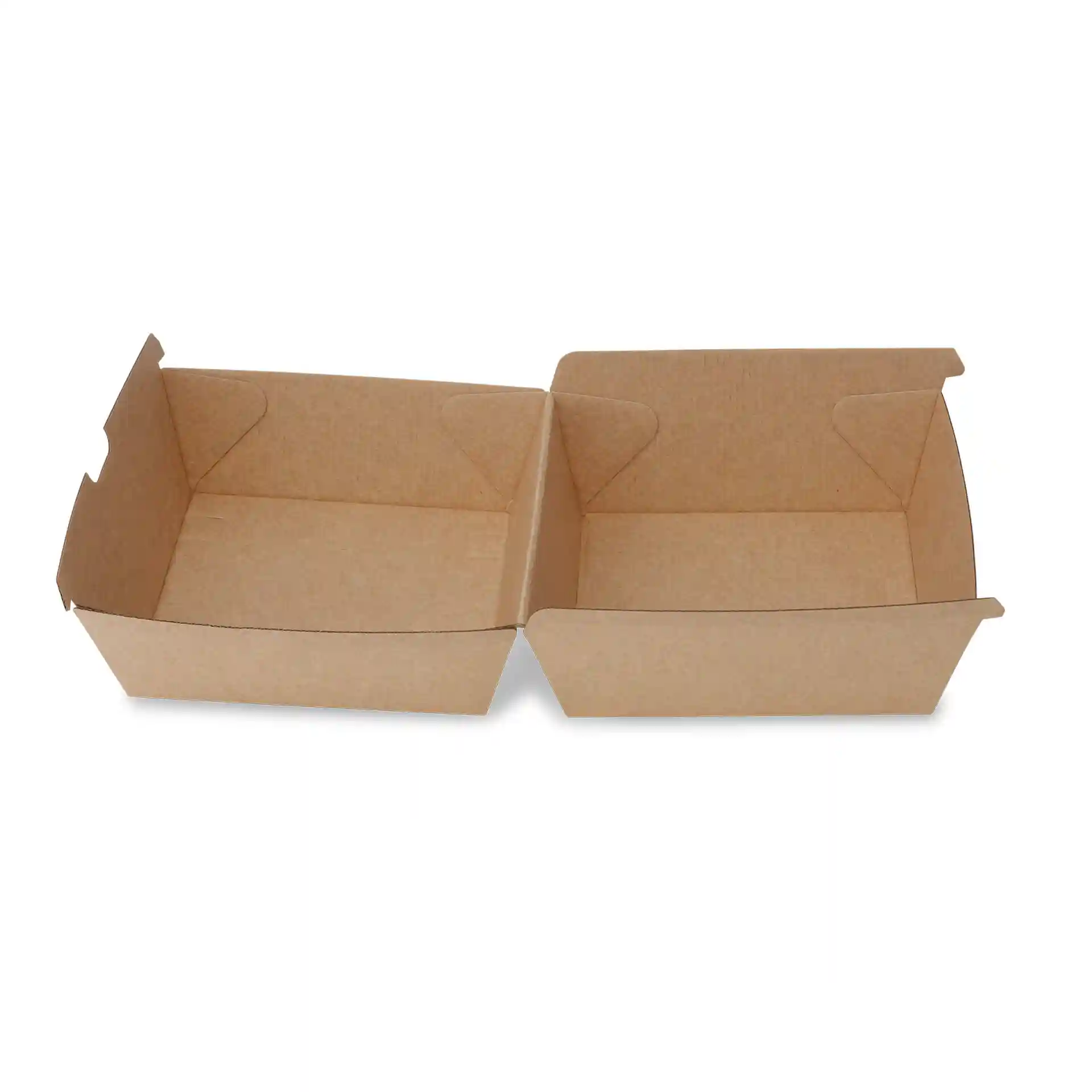 Rectangular kraft cardboard burger box with two compartments, measuring 16.8 x 15.8 x 9.8 cm.