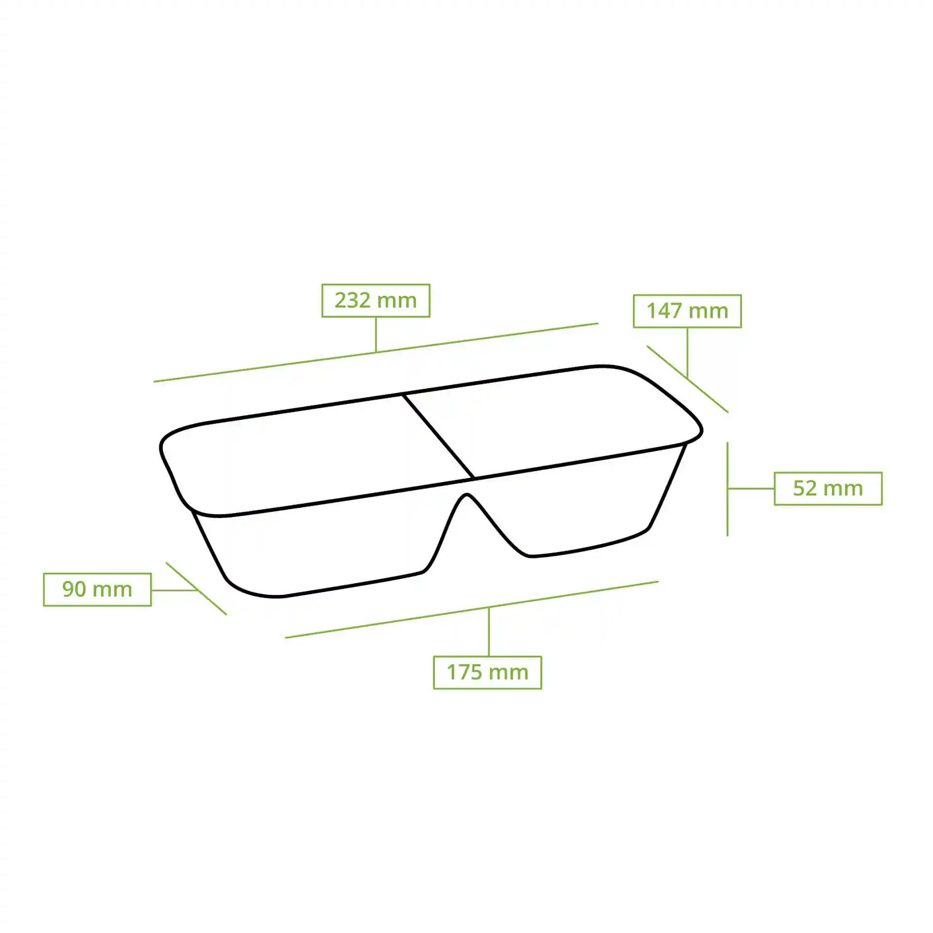 Schematische Zeichnung eines rechteckigen Tabletts mit zwei Fächern, Maße: 232 mm Länge, 147 mm Breite, 52 mm Höhe.