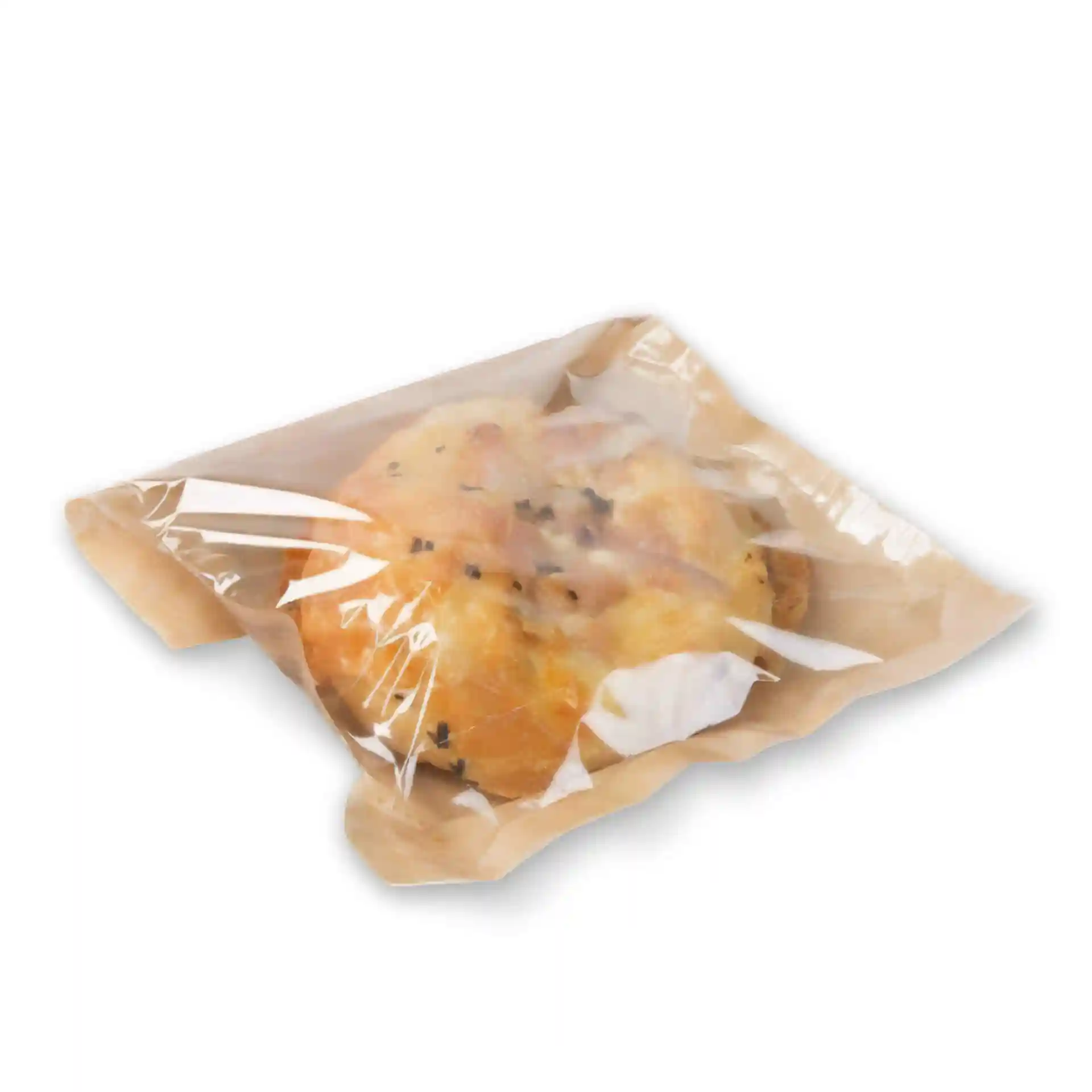 Snack bag with a window, containing a baked item, sealed with adhesive, on a plain background.