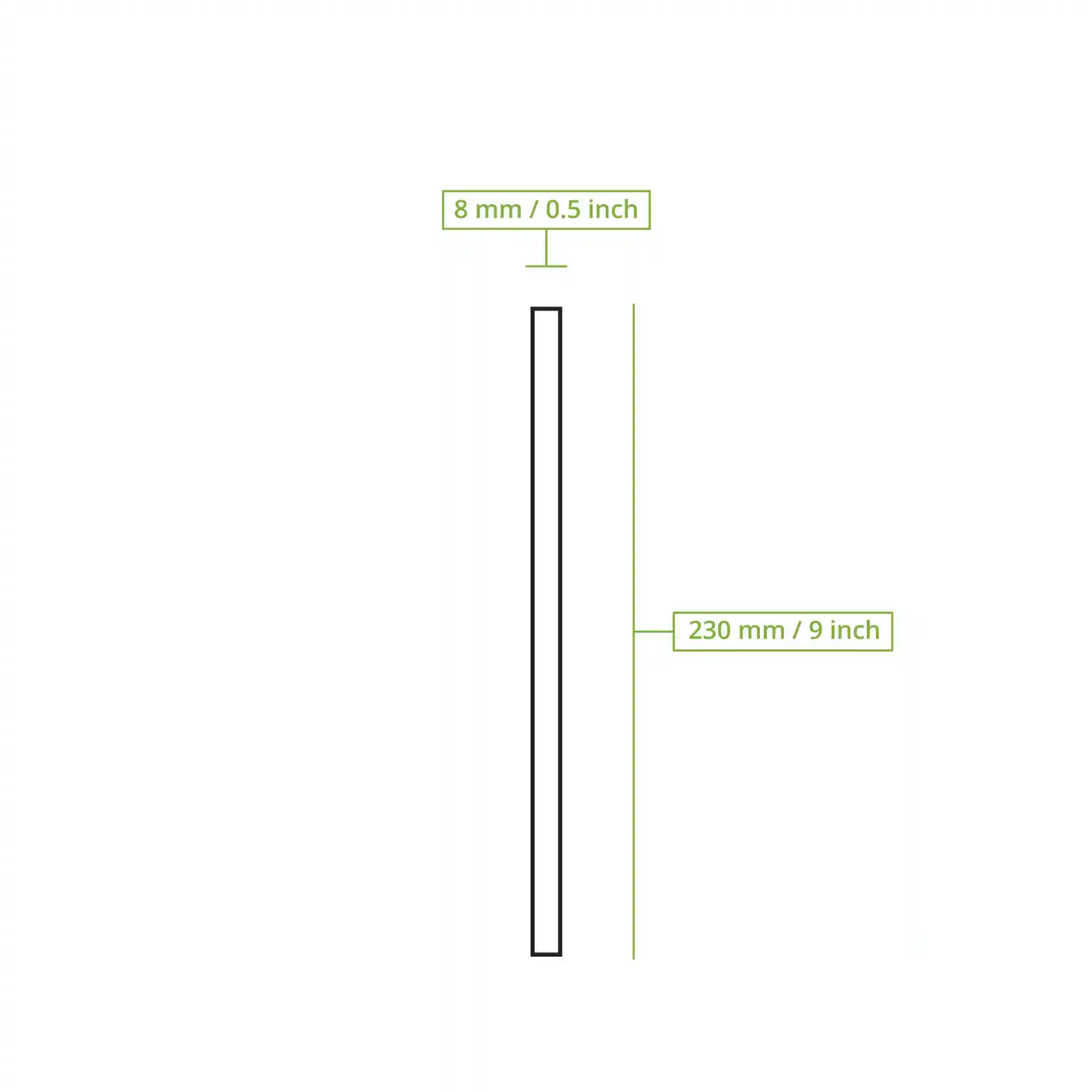 Schematische Zeichnung eines Papierstrohhalms mit den Maßen 230 mm Länge und 8 mm Durchmesser.