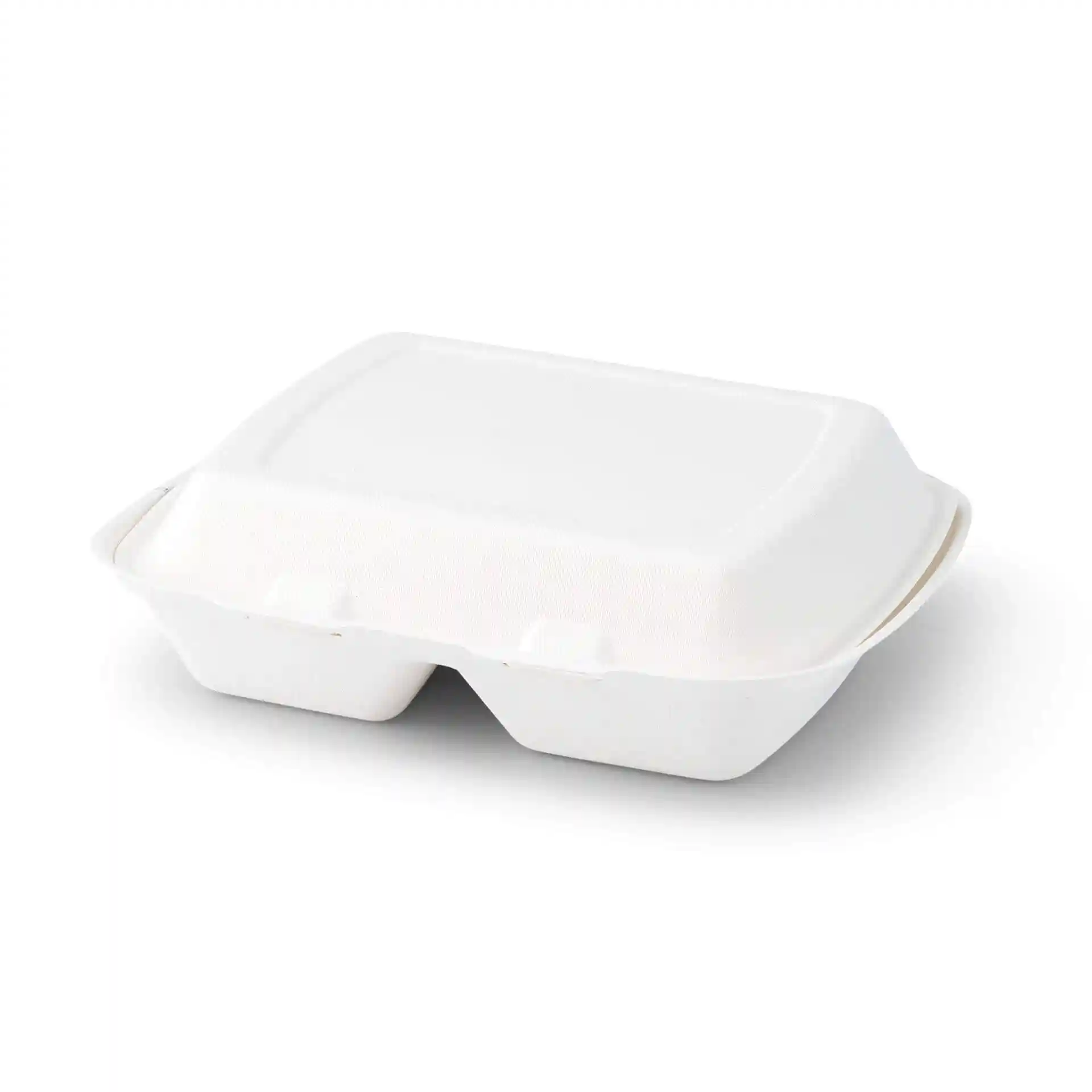White rectangular sugarcane container with a hinged lid and two compartments, measuring 25 x 20 x 7.5 cm.