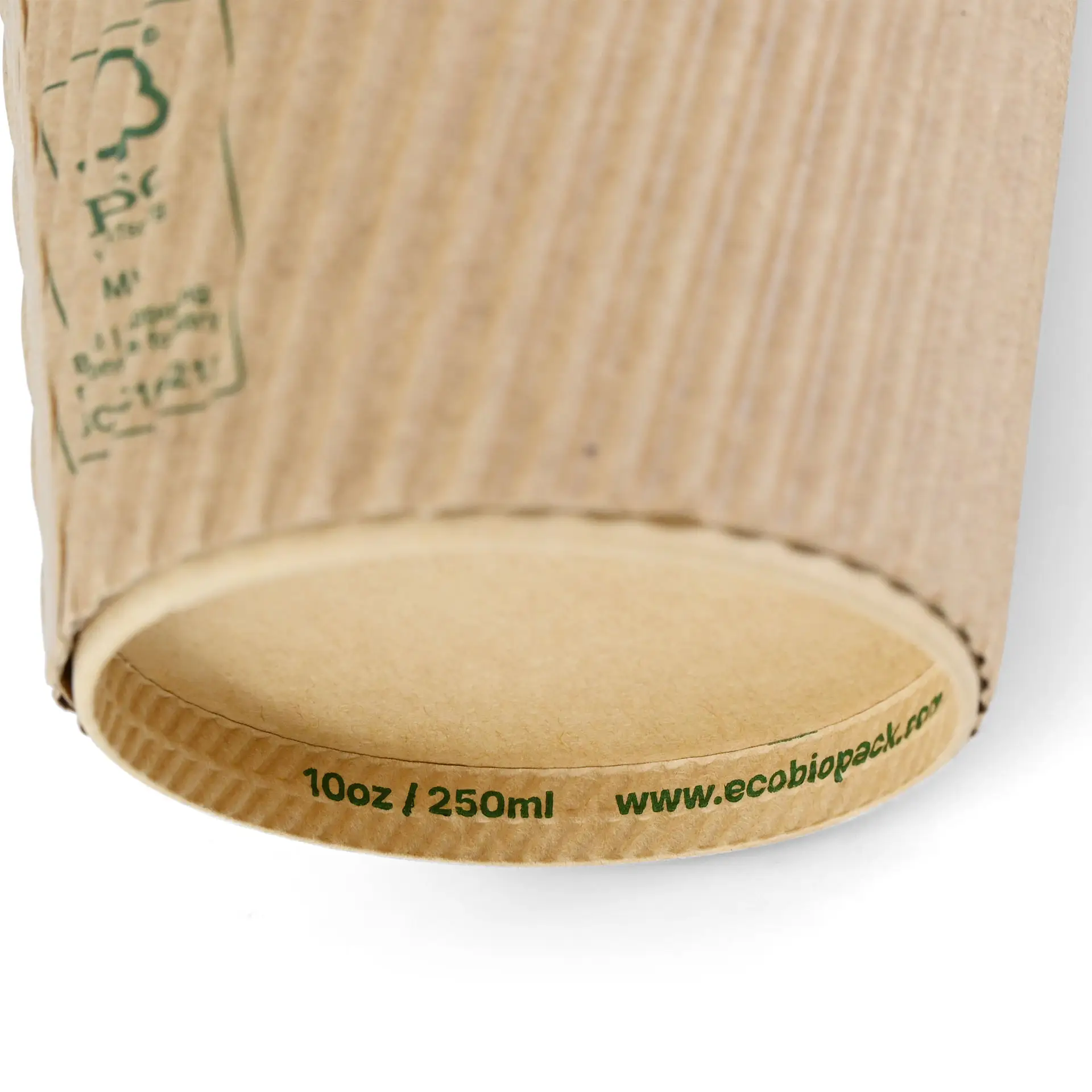 Brauner dreischichtiger Einwegbecher mit PLA-Beschichtung, gekennzeichnet für 10 oz / 250 ml und umweltfreundliche Webseite.