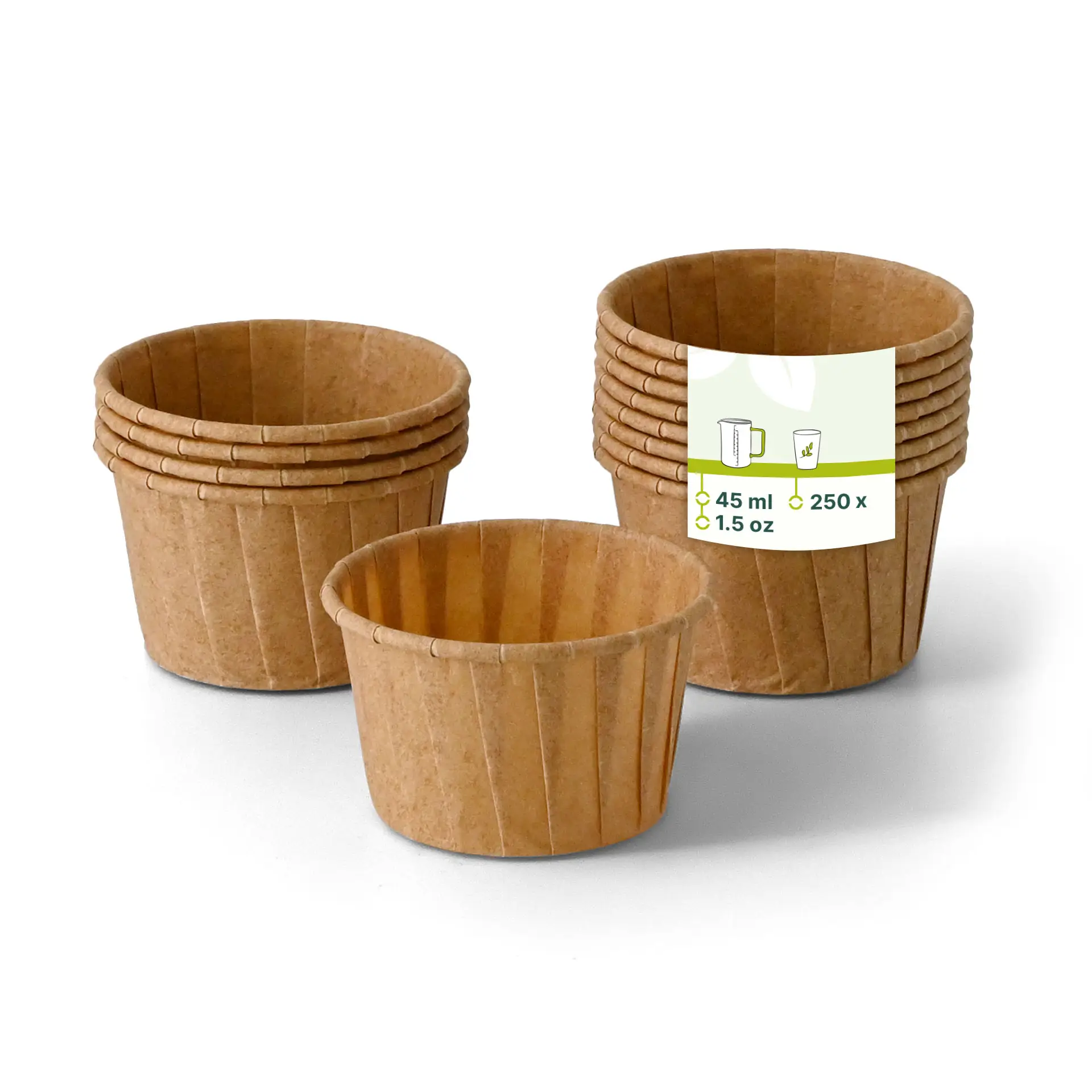 Brown paper cups, 45 ml, stacked with one cup in front, ideal for dips, sauces, or small tasting portions.