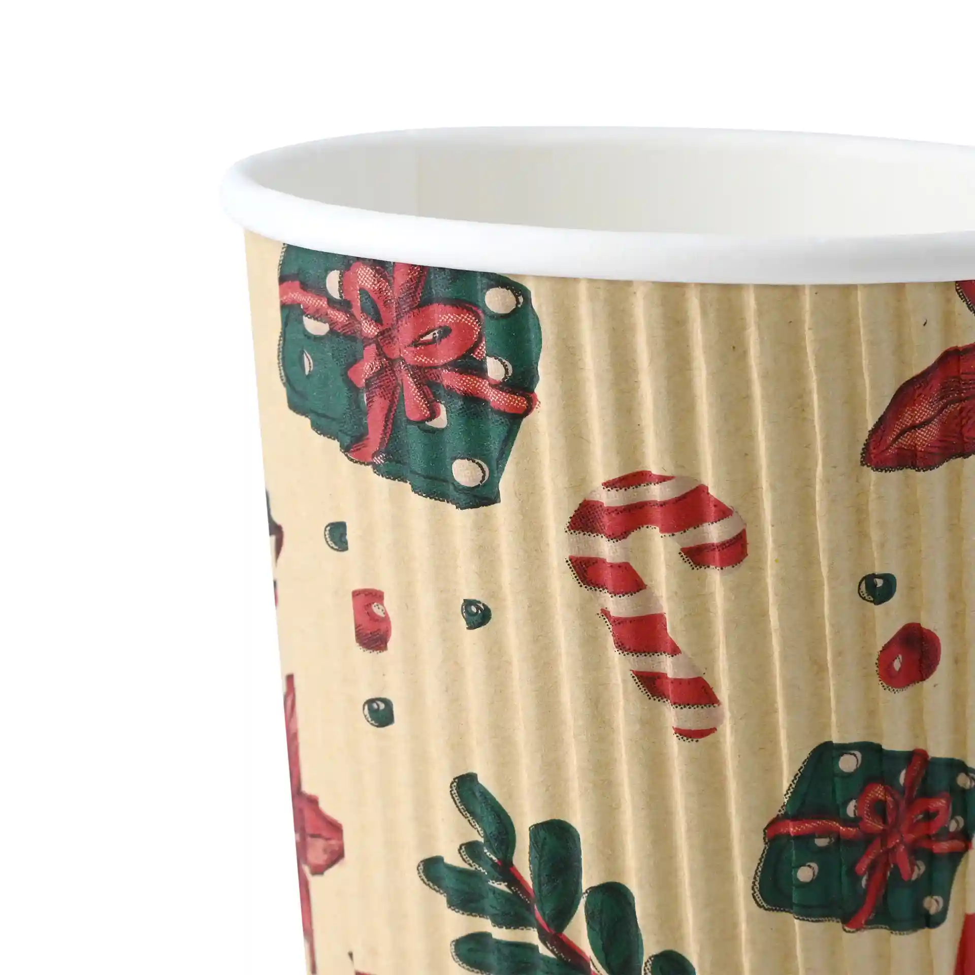 Brown ripple cup with winter design featuring gifts, candy canes, and leaves, 200 ml capacity.