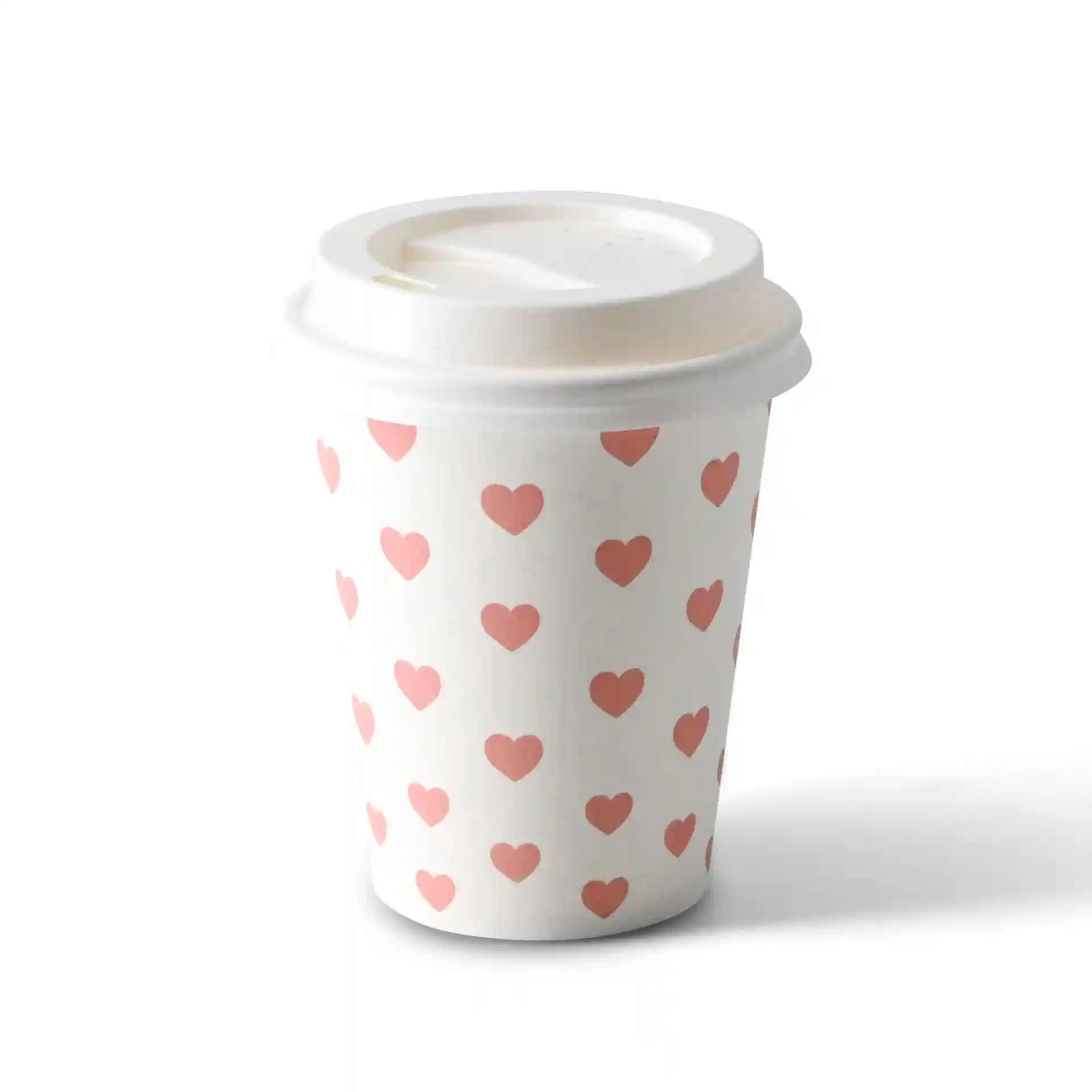 Weißer Becher mit rosa Herzmustern, 8 oz Kapazität, runde Form, mit Deckel.