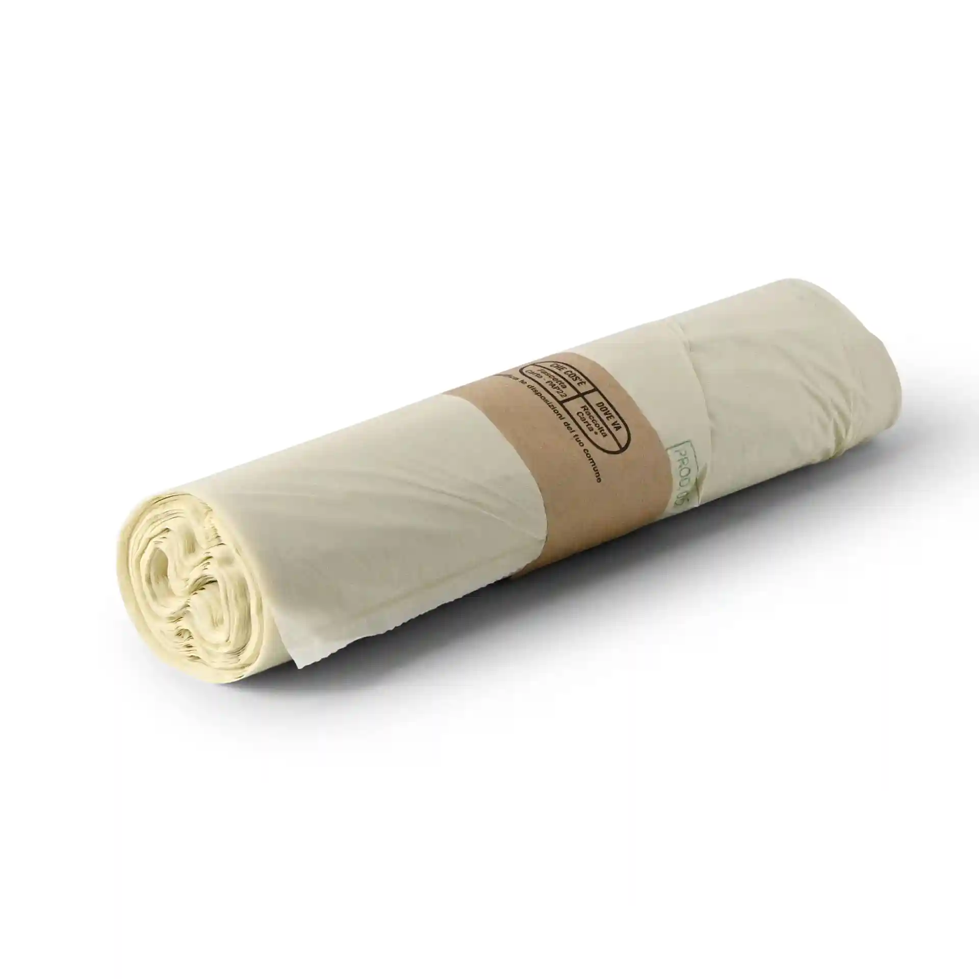 Transparent roll of bio bin bags made from PLA, measuring 70x70 cm, with a paper band around the center.